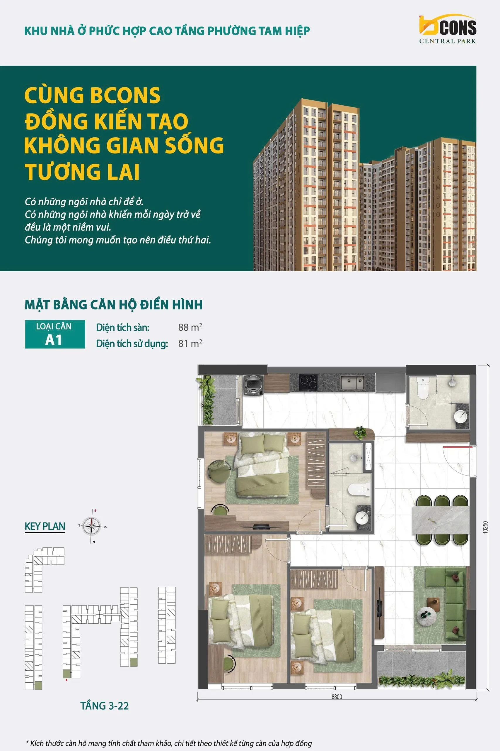 Mặt bằng chi tiết căn hộ A1 Bcons Central Park Tam Hiệp — 3 phòng ngủ, diện tích sàn 88 m², diện tích sử dụng 81 m²