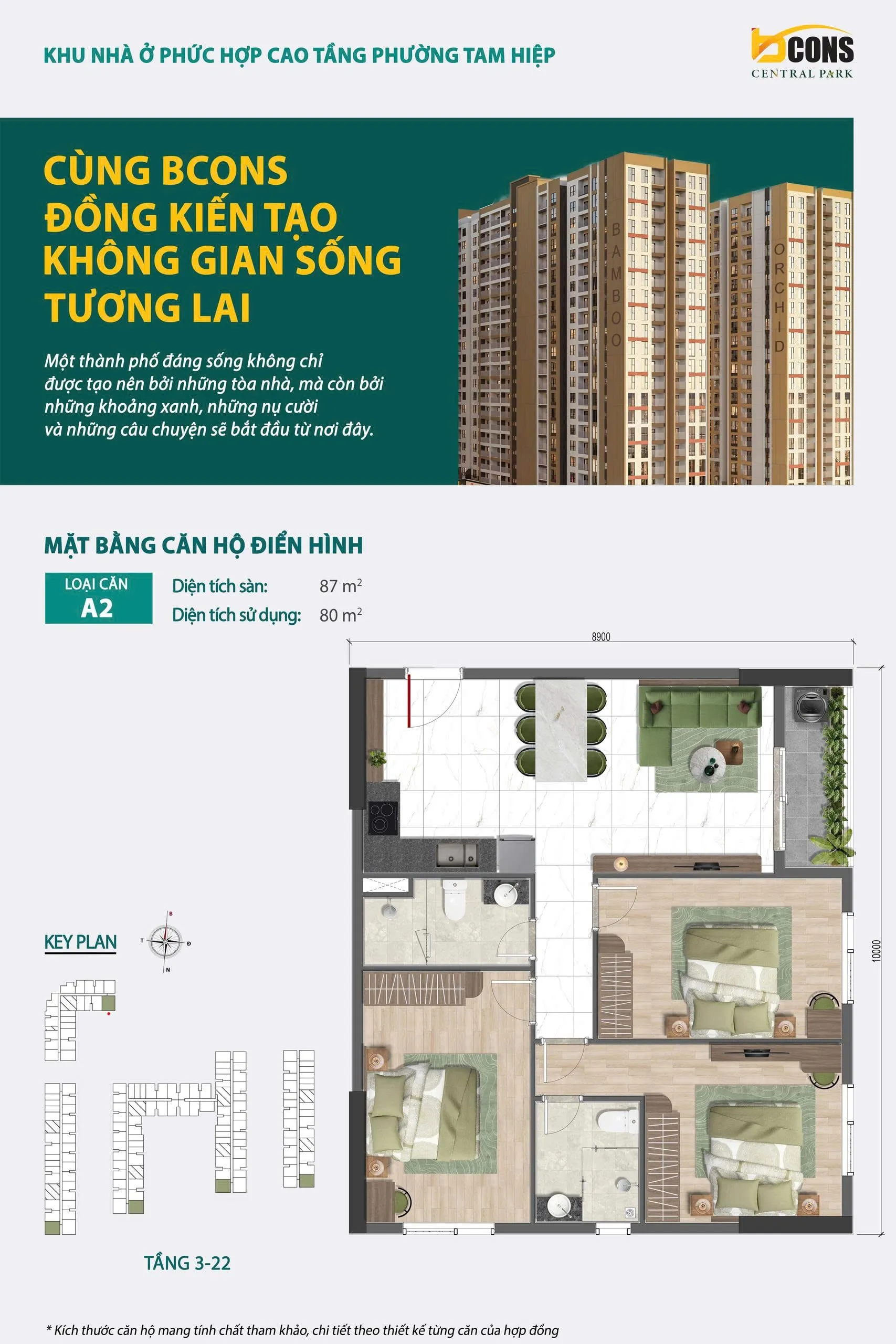 Mặt bằng chi tiết căn hộ A2 Bcons Central Park Tam Hiệp — 3 phòng ngủ, diện tích sàn 87 m², diện tích sử dụng 80 m²