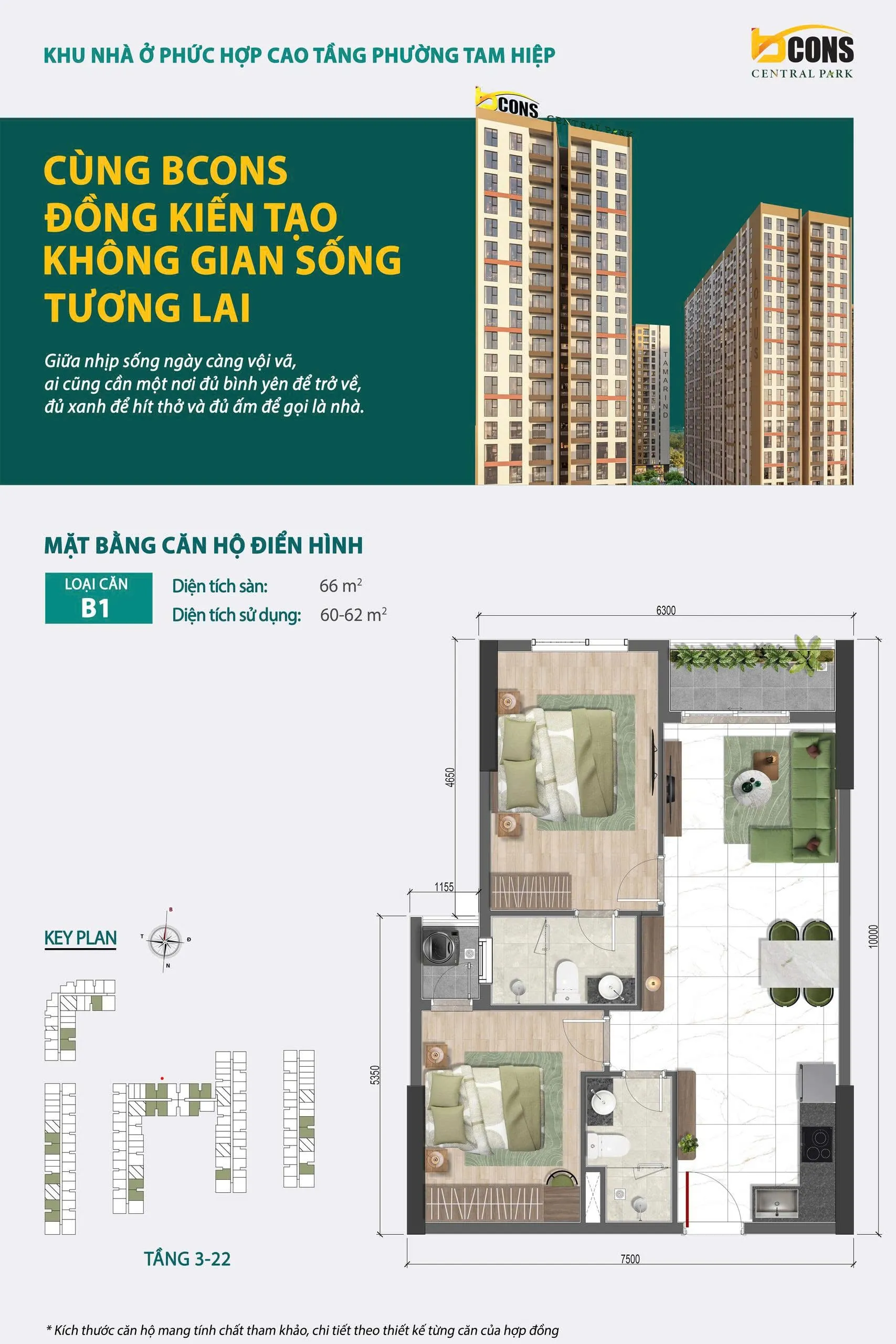 Mặt bằng chi tiết căn hộ B1 Bcons Central Park Tam Hiệp — 2 phòng ngủ 2 WC, diện tích sàn 66 m², diện tích sử dụng 60 – 62 m²