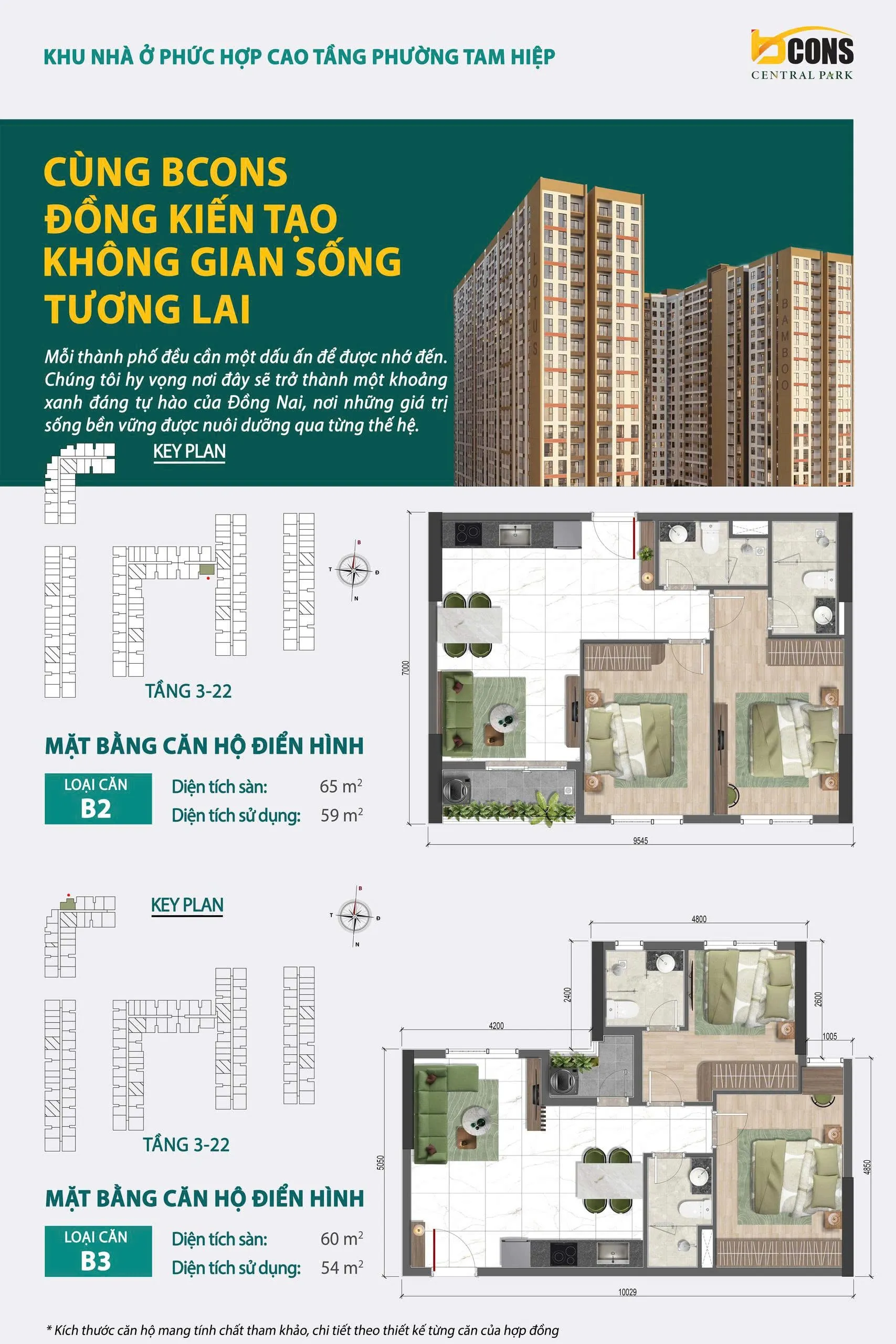Mặt bằng chi tiết căn hộ B2 Bcons Central Park Tam Hiệp — 2 phòng ngủ 2 WC, diện tích sàn 65 m², diện tích sử dụng 59 m²
