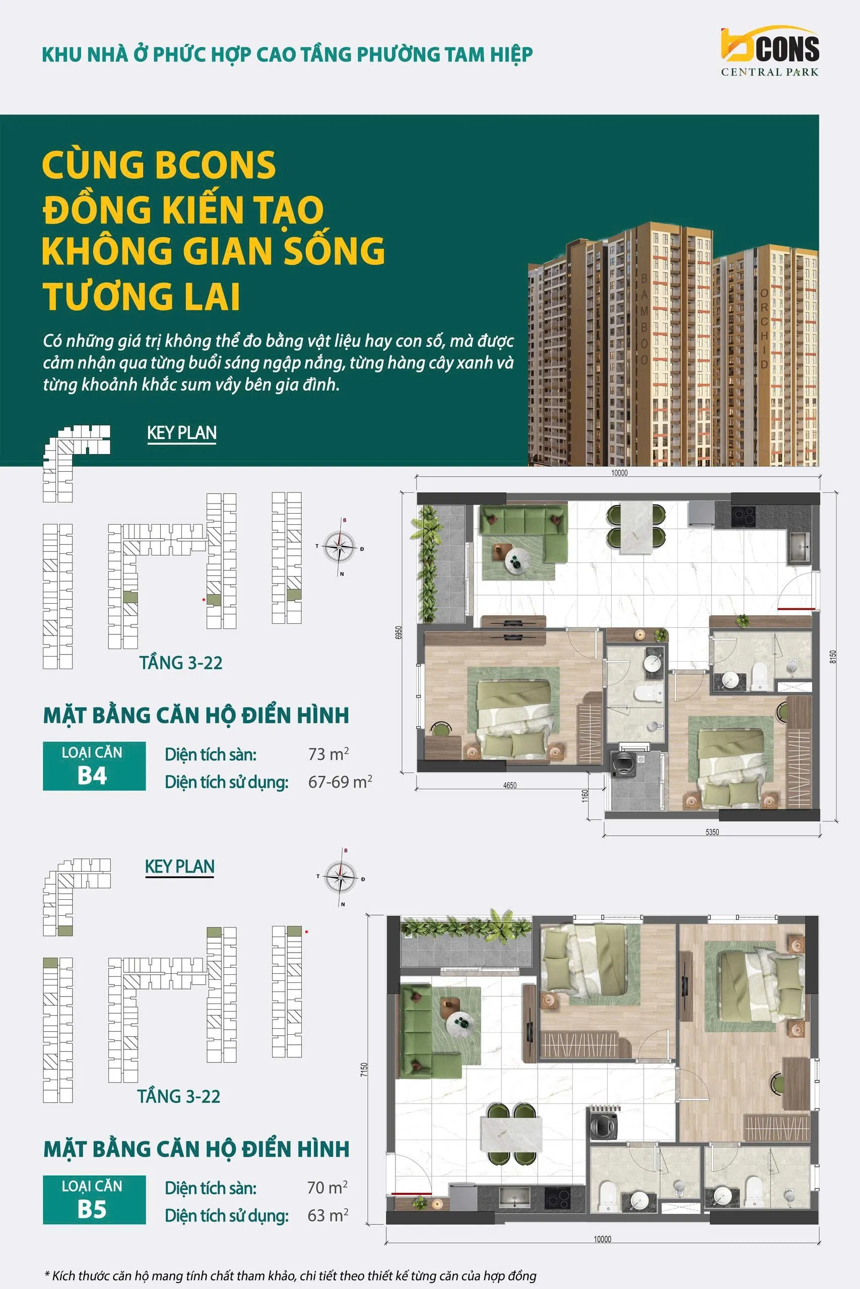 Mặt bằng chi tiết căn hộ B4 Bcons Central Park Tam Hiệp — 2 phòng ngủ 2 WC, diện tích sàn 73 m², diện tích sử dụng 67 – 69 m²