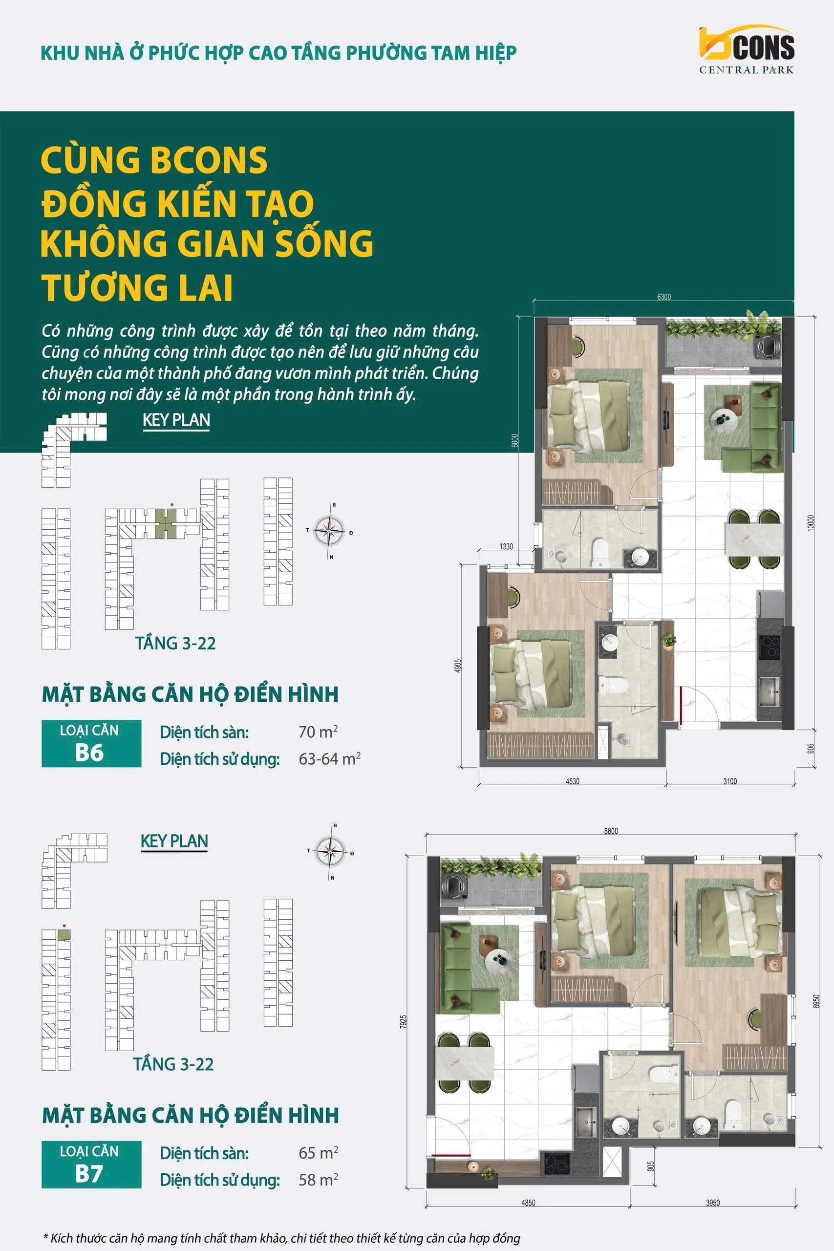 Mặt bằng chi tiết căn hộ B6 Bcons Central Park Tam Hiệp — 2 phòng ngủ 2 WC, diện tích sàn 70 m², diện tích sử dụng 63 – 64 m²