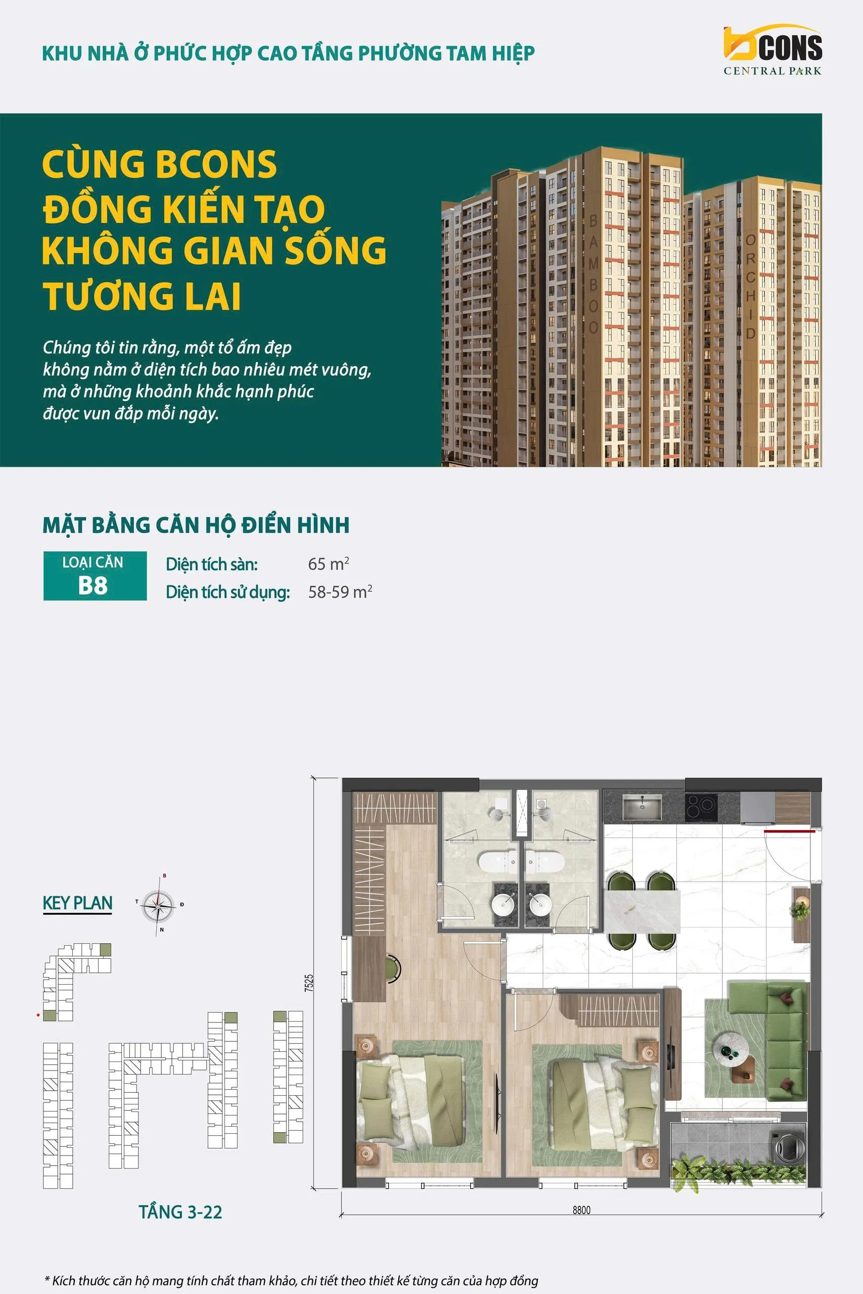 Mặt bằng chi tiết căn hộ B8 Bcons Central Park Tam Hiệp — 2 phòng ngủ 2 WC, diện tích sàn 65 m², diện tích sử dụng 58 – 59 m²