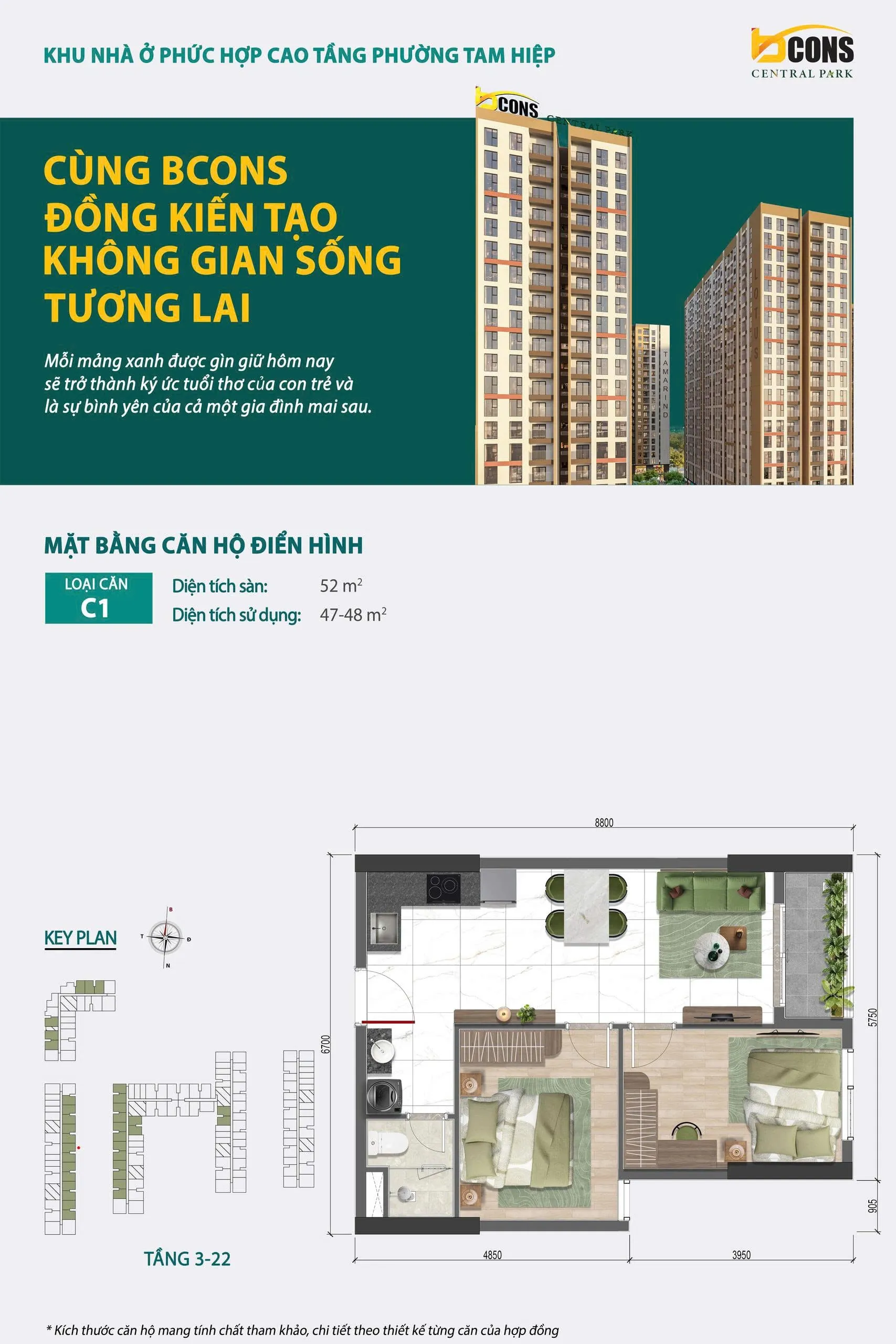 Mặt bằng chi tiết căn hộ C1 Bcons Central Park Tam Hiệp — 2 phòng ngủ 1 WC, diện tích sàn 52 m², diện tích sử dụng 47 – 48 m²