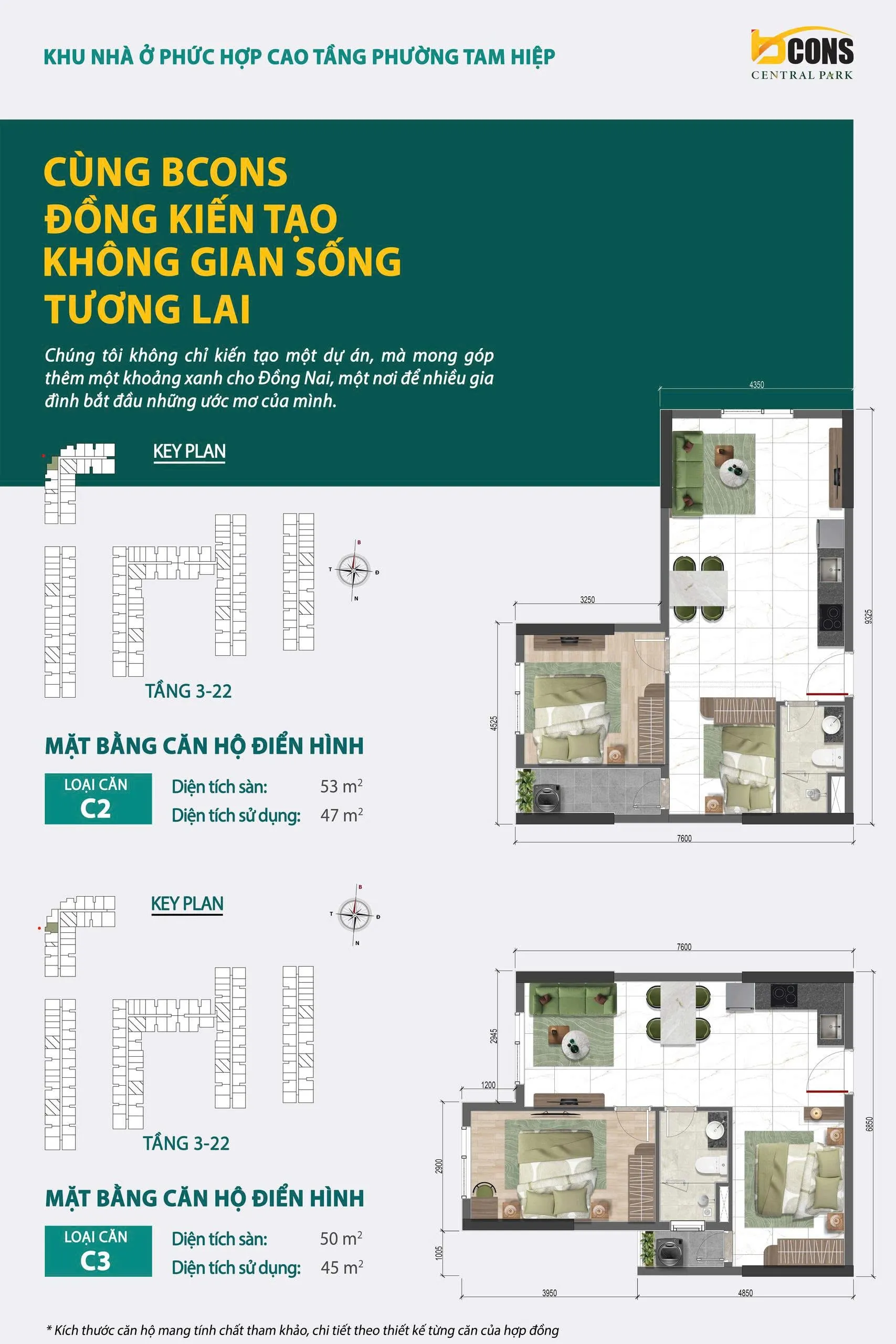 Mặt bằng chi tiết căn hộ C2 Bcons Central Park Tam Hiệp — 2 phòng ngủ 1 WC, diện tích sàn 53 m², diện tích sử dụng 47 m²