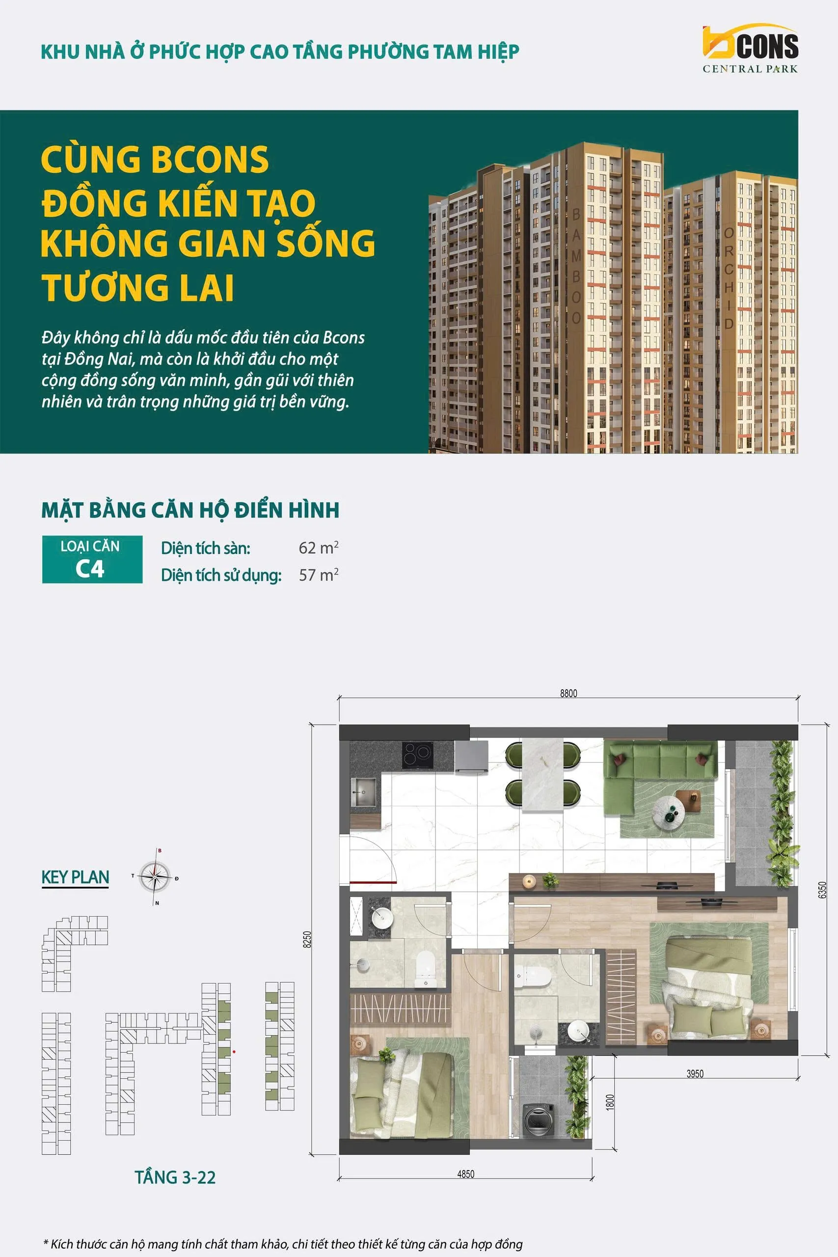 Mặt bằng chi tiết căn hộ C4 Bcons Central Park Tam Hiệp — 2 phòng ngủ 2 WC, diện tích sàn 62 m², diện tích sử dụng 57 m²