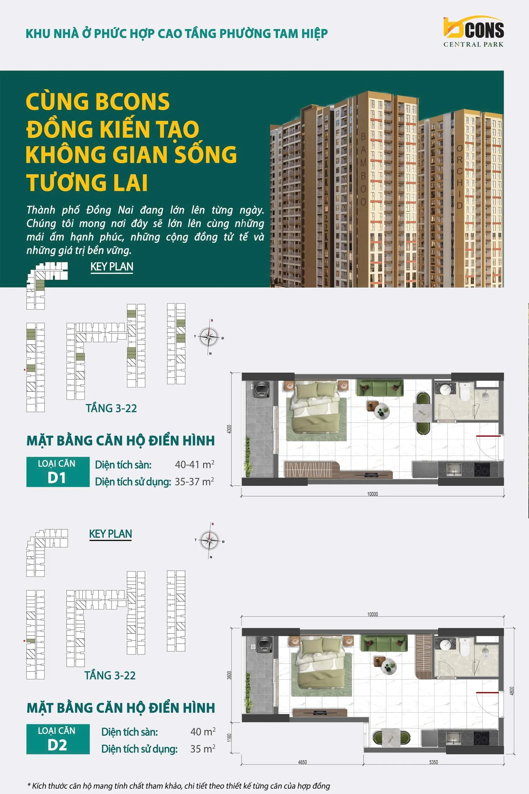 Mặt bằng chi tiết căn hộ D1 Bcons Central Park Tam Hiệp — Studio, diện tích sàn 40 – 41 m², diện tích sử dụng 35 – 37 m²