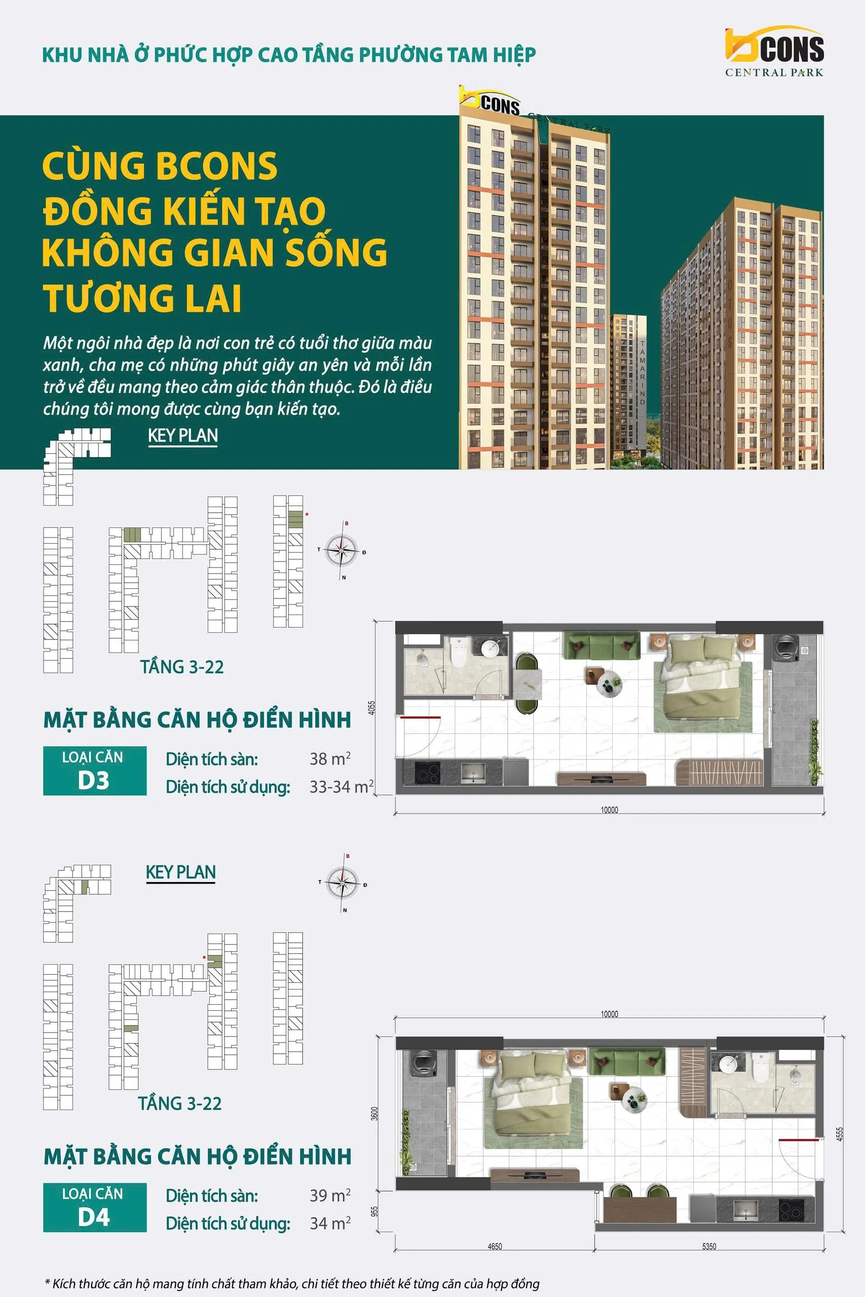 Mặt bằng chi tiết căn hộ D3 Bcons Central Park Tam Hiệp — Studio, diện tích sàn 38 m², diện tích sử dụng 33 – 34 m²