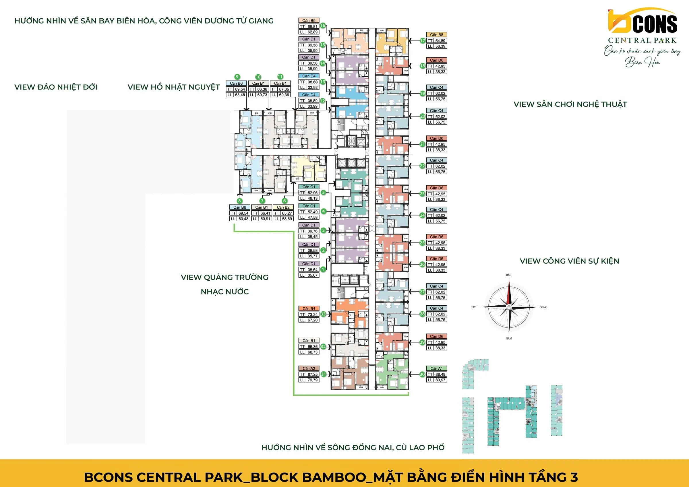 Mặt bằng tầng điển hình Block Bamboo dự án Bcons Central Park Tam Hiệp, thể hiện vị trí và diện tích tim tường, thông thuỷ của từng căn hộ