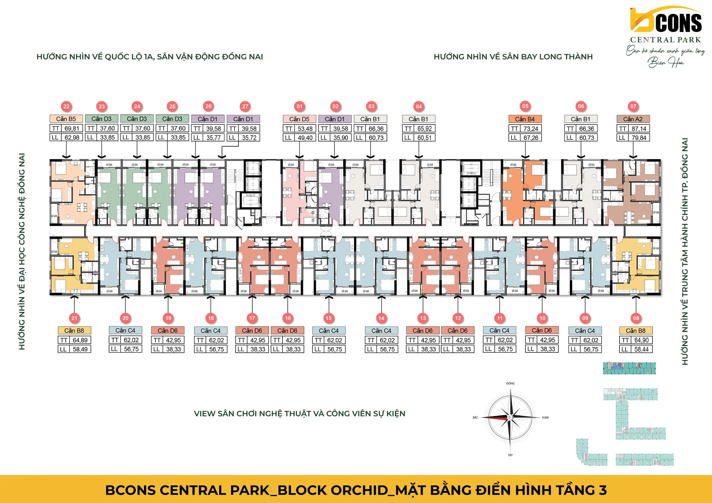Mặt bằng tầng điển hình Block Orchid dự án Bcons Central Park Tam Hiệp, thể hiện vị trí và diện tích tim tường, thông thuỷ của từng căn hộ