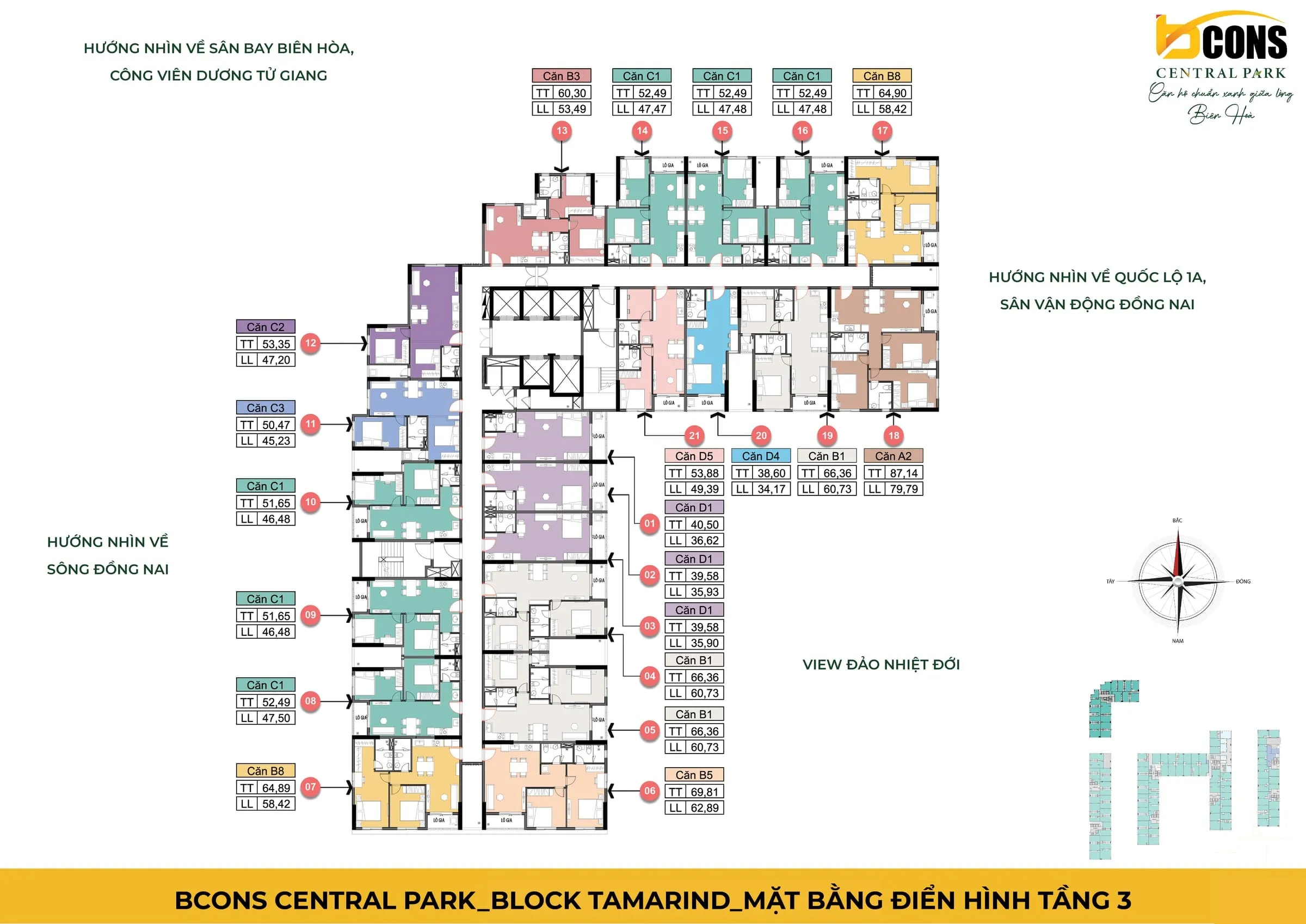 Mặt bằng tầng điển hình Block Tamarind dự án Bcons Central Park Tam Hiệp, thể hiện vị trí và diện tích tim tường, thông thuỷ của từng căn hộ