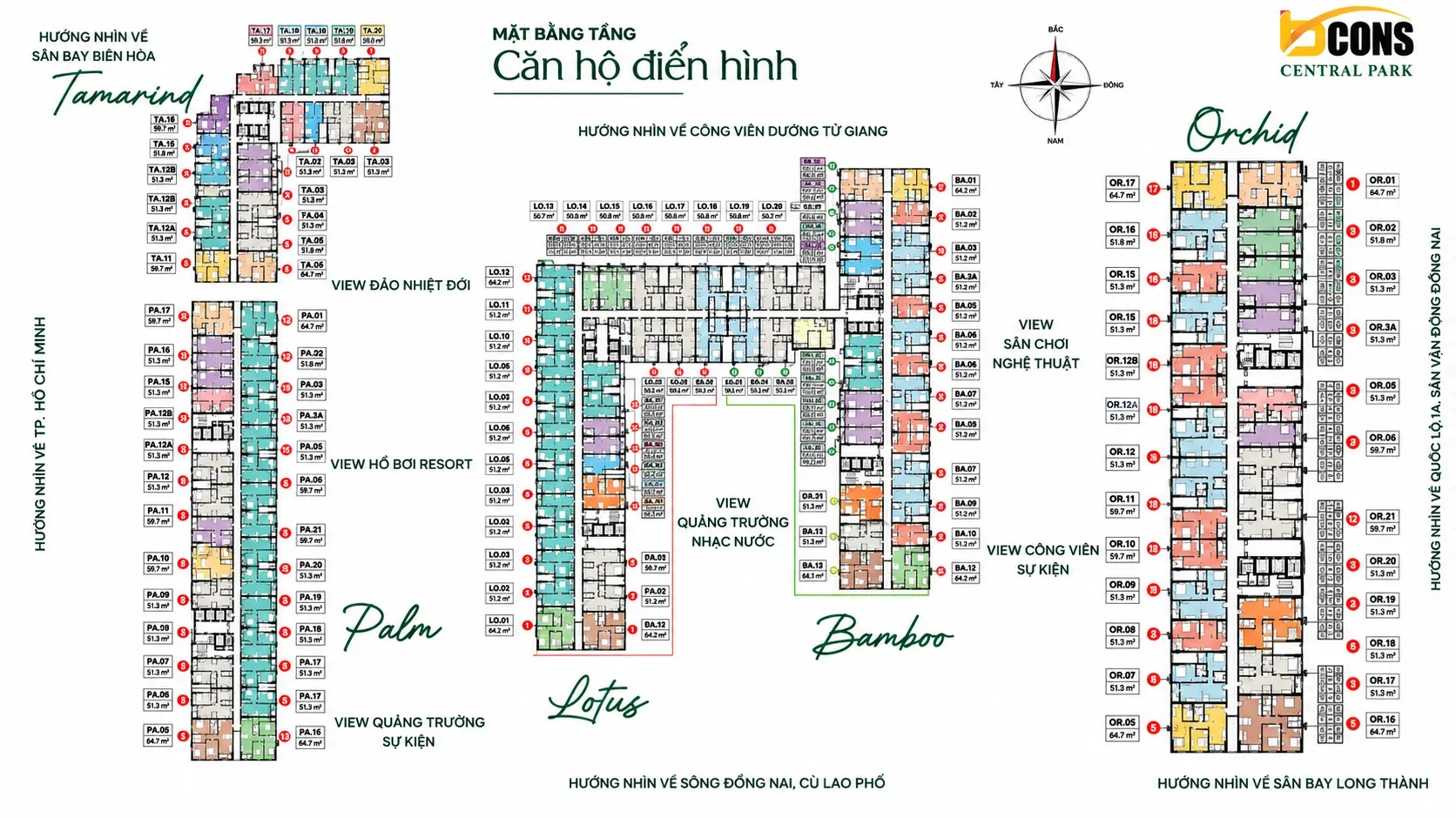 Mặt bằng tầng căn hộ điển hình toàn khu Bcons Central Park Tam Hiệp: vị trí 5 block Tamarind, Palm, Lotus, Bamboo, Orchid quanh công viên nội khu, kèm mã căn, diện tích tim tường và hướng view của từng mặt đứng