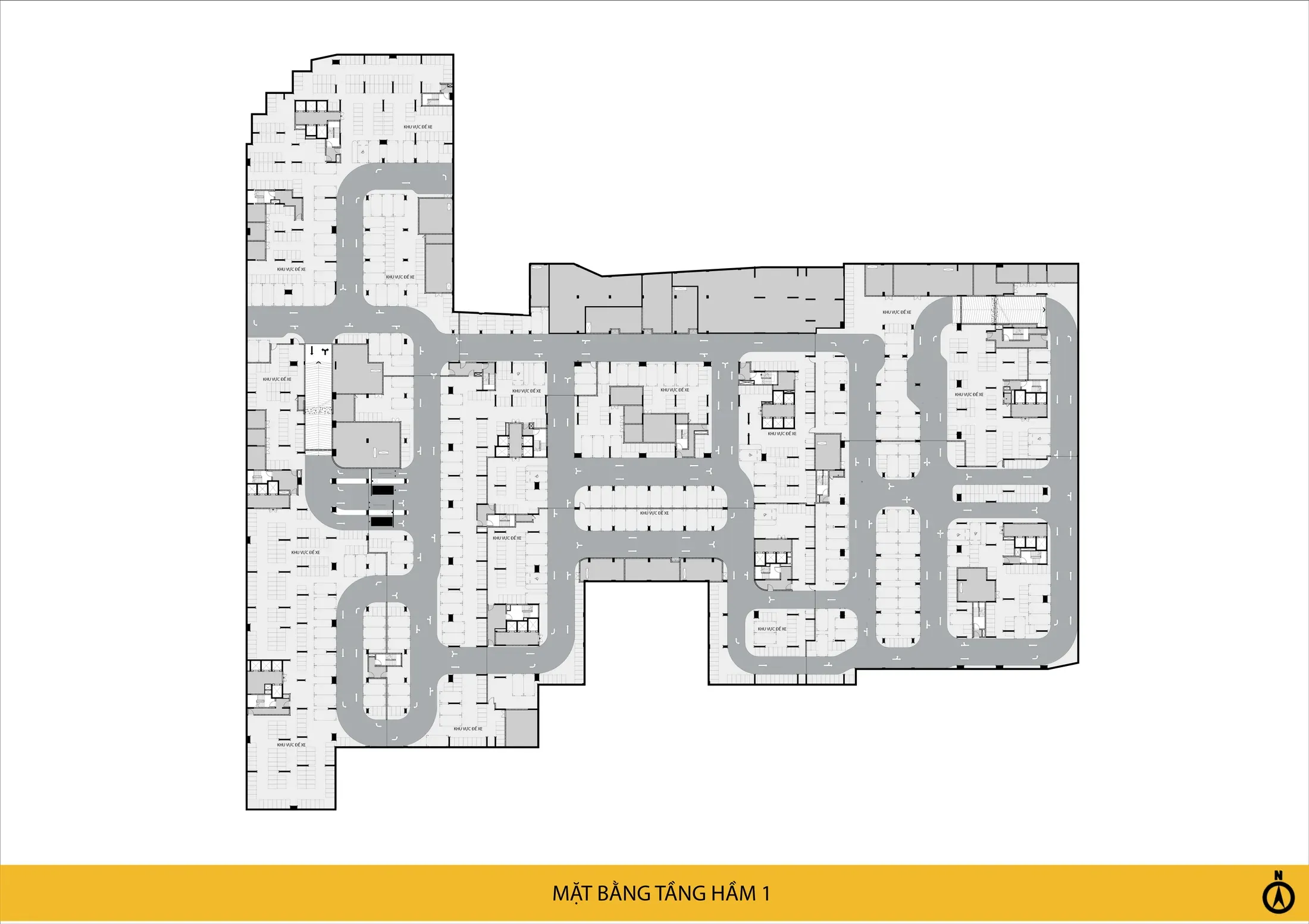 Mặt bằng tầng hầm 1 Bcons Central Park Tam Hiệp: các khu vực để xe, lối dốc lên xuống và trục giao thông nội bộ dưới hầm