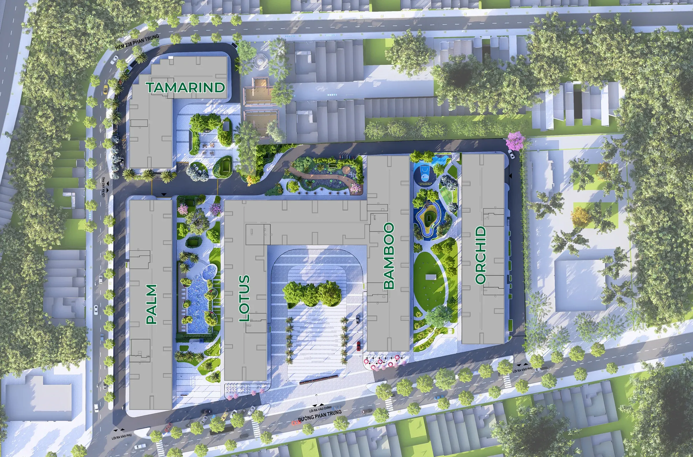 Mặt bằng tầng mái Bcons Central Park Tam Hiệp nhìn từ trên xuống: 5 block bao quanh khu công viên, hồ bơi và quảng trường nội khu