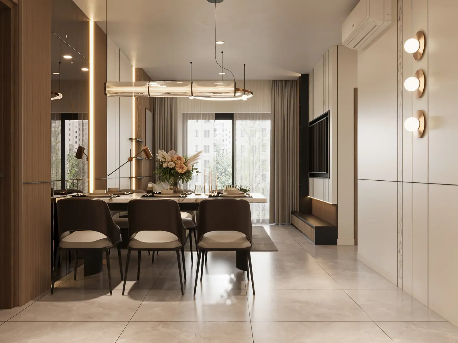 Bàn ăn & sinh hoạt chung – nhà mẫu căn A1 3 phòng ngủ 88 m² Bcons Central Park Tam Hiệp