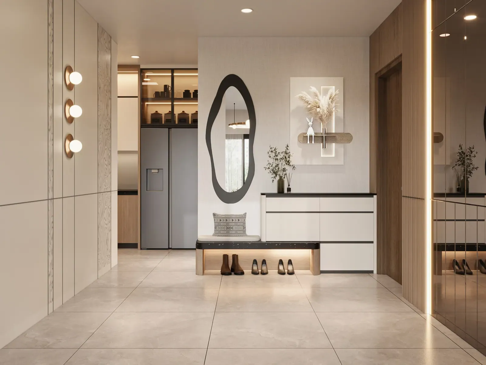 Lối vào & tủ giày – nhà mẫu căn A1 3 phòng ngủ 88 m² Bcons Central Park Tam Hiệp