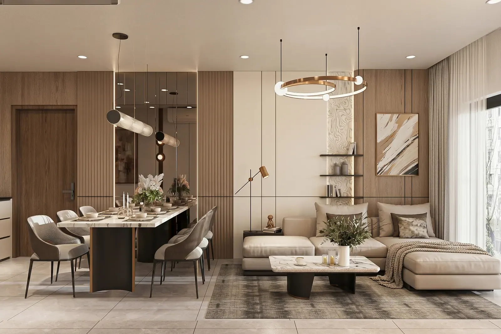 Phòng khách nhìn từ bàn ăn – nhà mẫu căn A1 3 phòng ngủ 88 m² Bcons Central Park Tam Hiệp