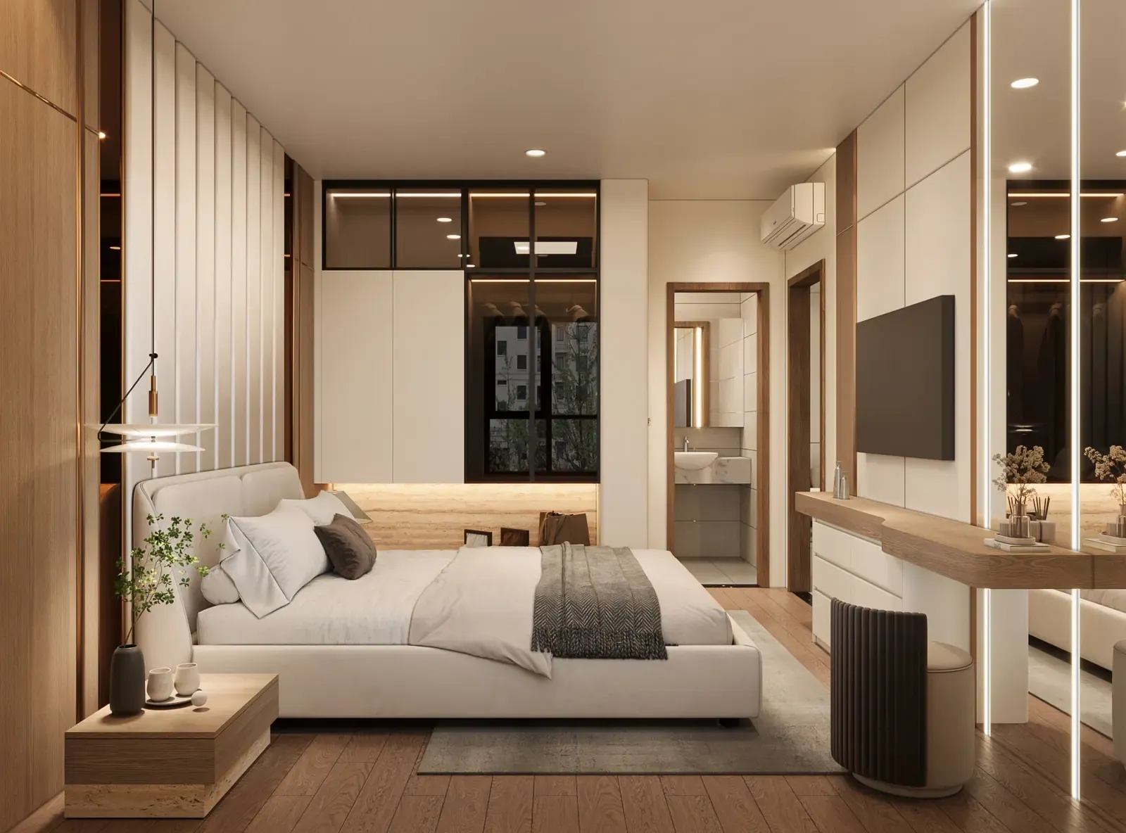 Phòng ngủ chính – góc trang điểm – nhà mẫu căn A1 3 phòng ngủ 88 m² Bcons Central Park Tam Hiệp