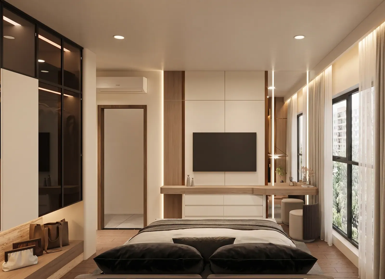 Phòng ngủ chính – tủ áo & vách TV – nhà mẫu căn A1 3 phòng ngủ 88 m² Bcons Central Park Tam Hiệp