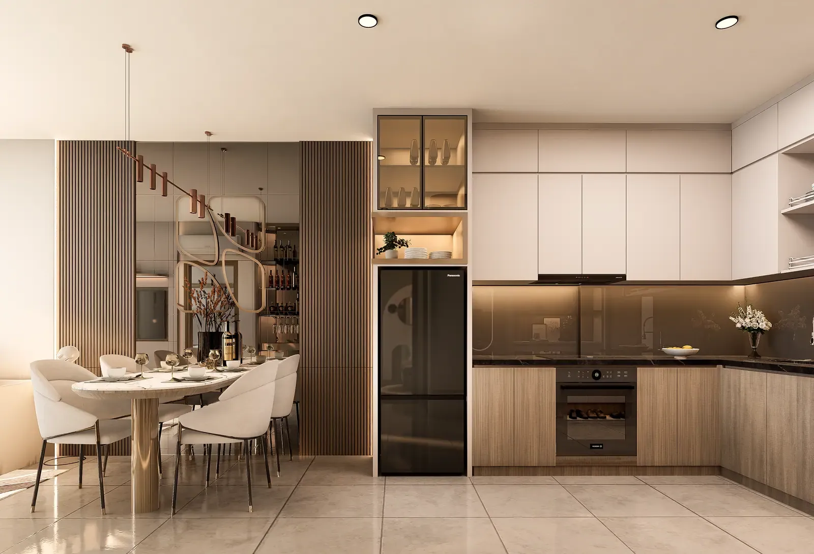 Bếp & bàn ăn – nhà mẫu căn B4 2 phòng ngủ 73 m² Bcons Central Park Tam Hiệp
