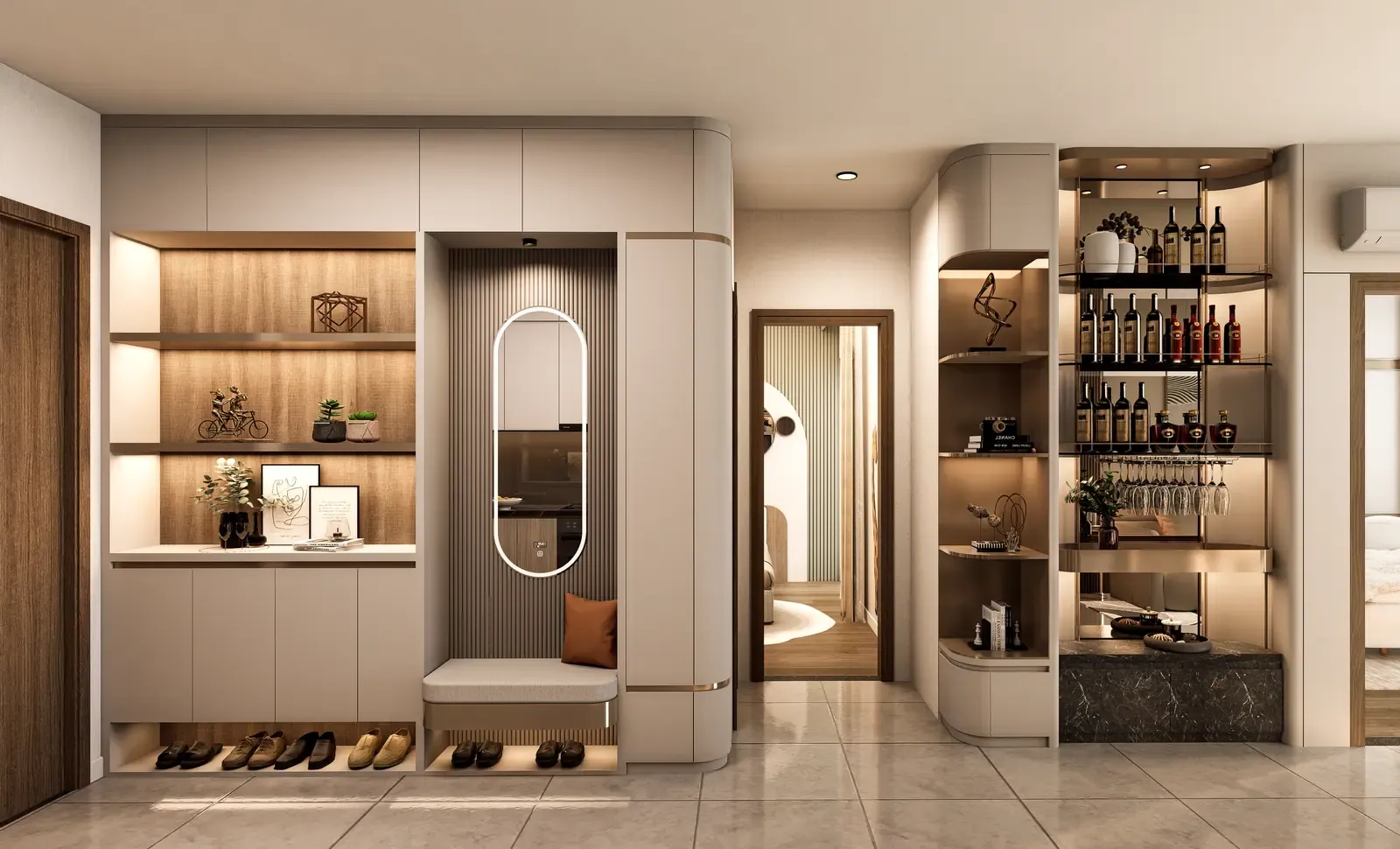 Lối vào – tủ giày & tủ rượu – nhà mẫu căn B4 2 phòng ngủ 73 m² Bcons Central Park Tam Hiệp
