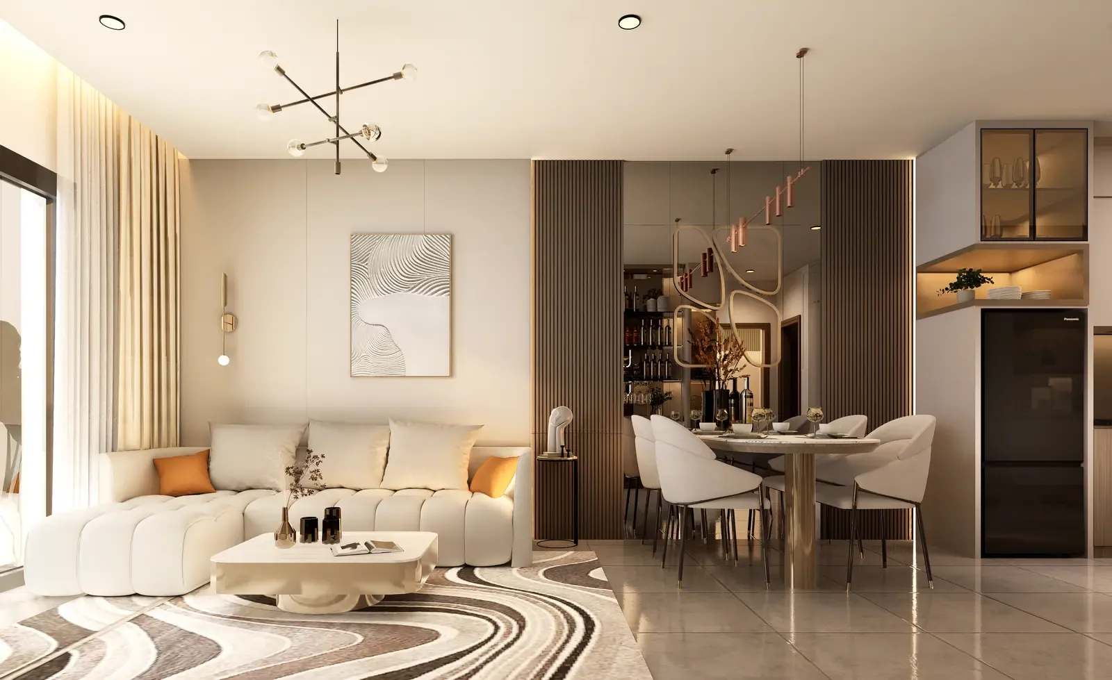Phòng khách & bàn ăn – nhà mẫu căn B4 2 phòng ngủ 73 m² Bcons Central Park Tam Hiệp