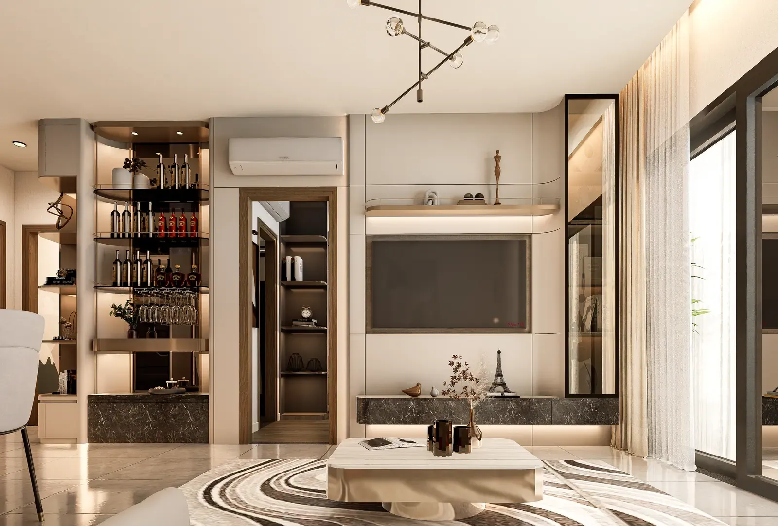 Phòng khách – nhà mẫu căn B4 2 phòng ngủ 73 m² Bcons Central Park Tam Hiệp