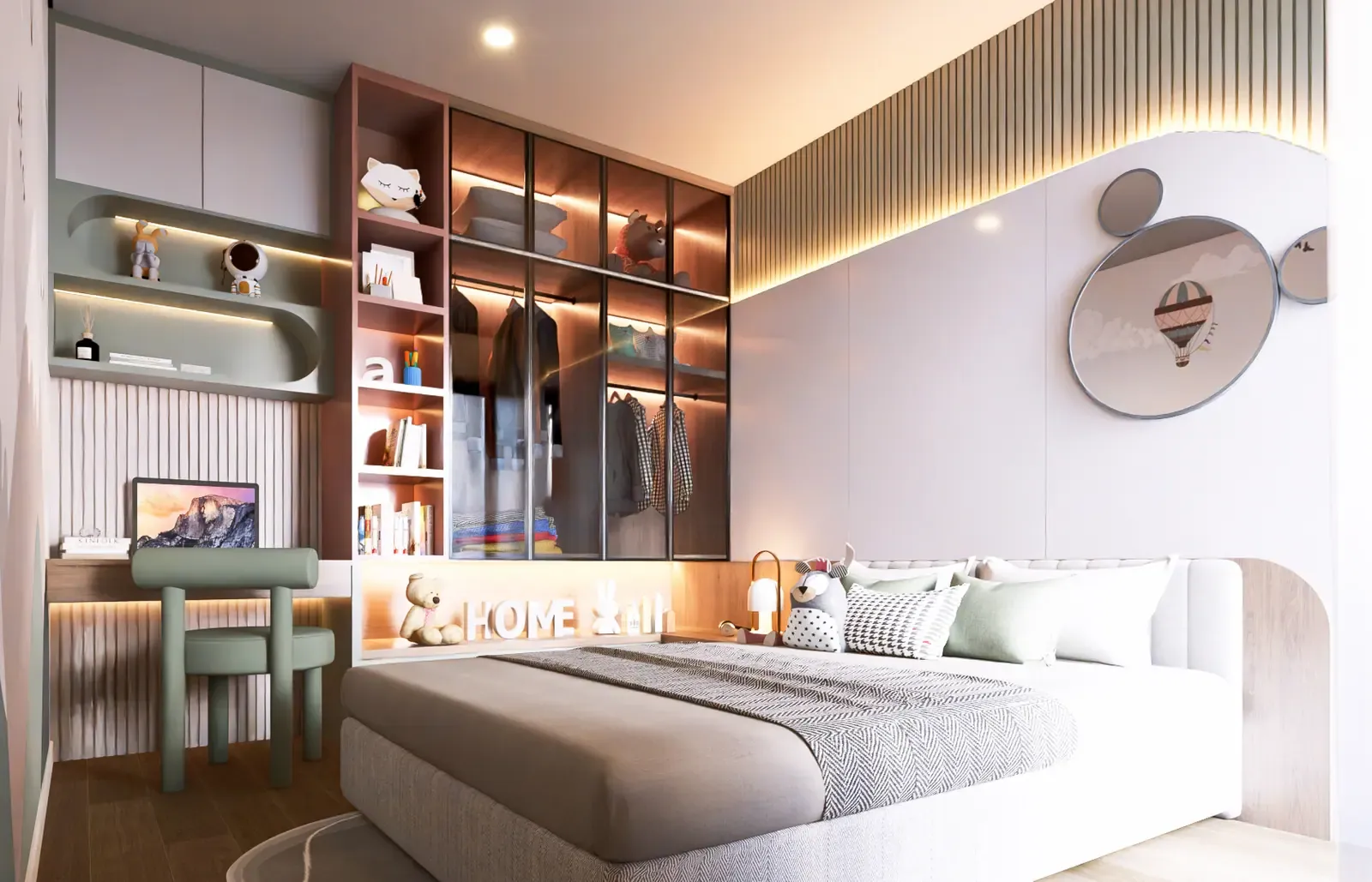 Phòng ngủ bé – bàn học & tủ áo – nhà mẫu căn B4 2 phòng ngủ 73 m² Bcons Central Park Tam Hiệp