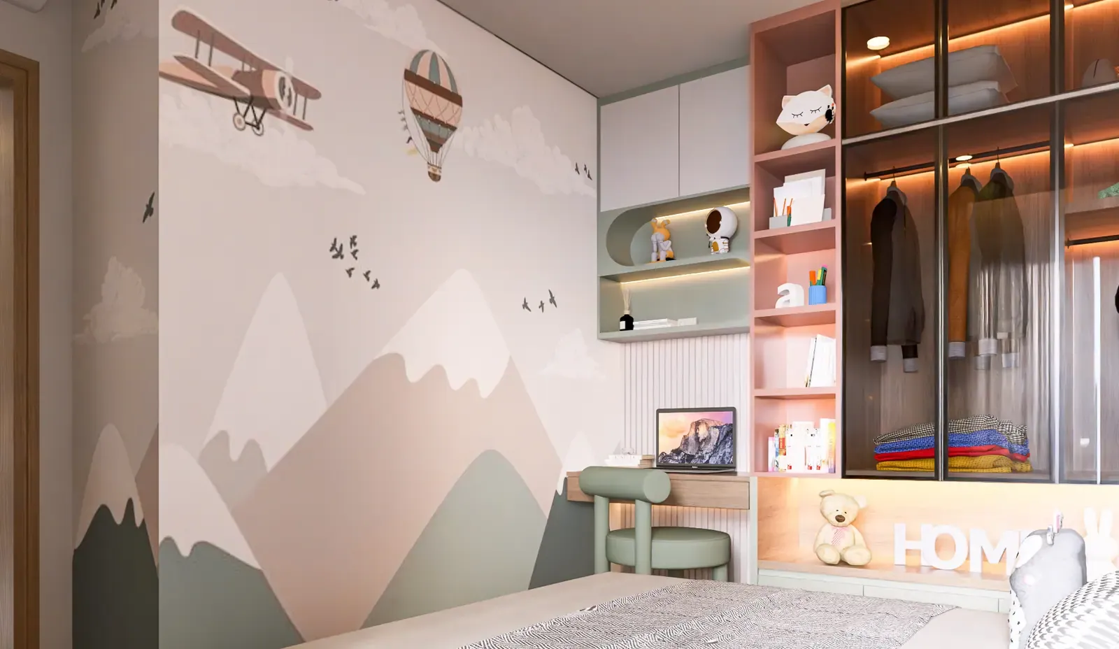 Phòng ngủ bé – tranh tường – nhà mẫu căn B4 2 phòng ngủ 73 m² Bcons Central Park Tam Hiệp