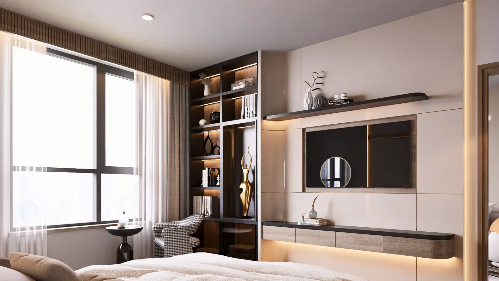 Phòng ngủ chính – góc cửa sổ – nhà mẫu căn B4 2 phòng ngủ 73 m² Bcons Central Park Tam Hiệp