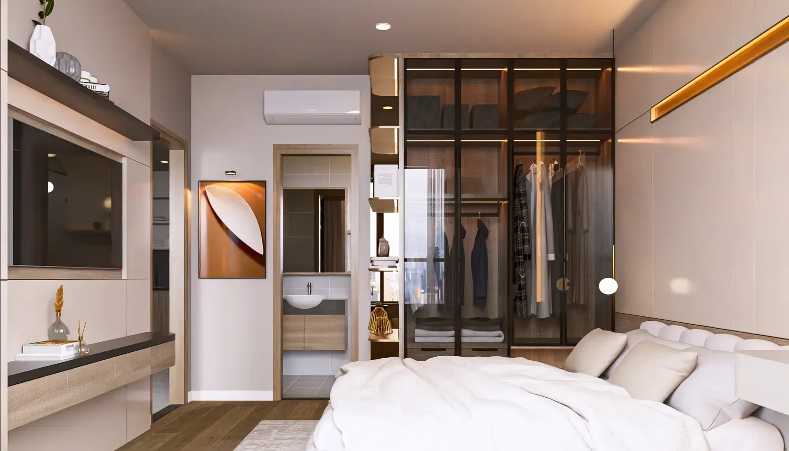 Phòng ngủ chính – tủ áo – nhà mẫu căn B4 2 phòng ngủ 73 m² Bcons Central Park Tam Hiệp