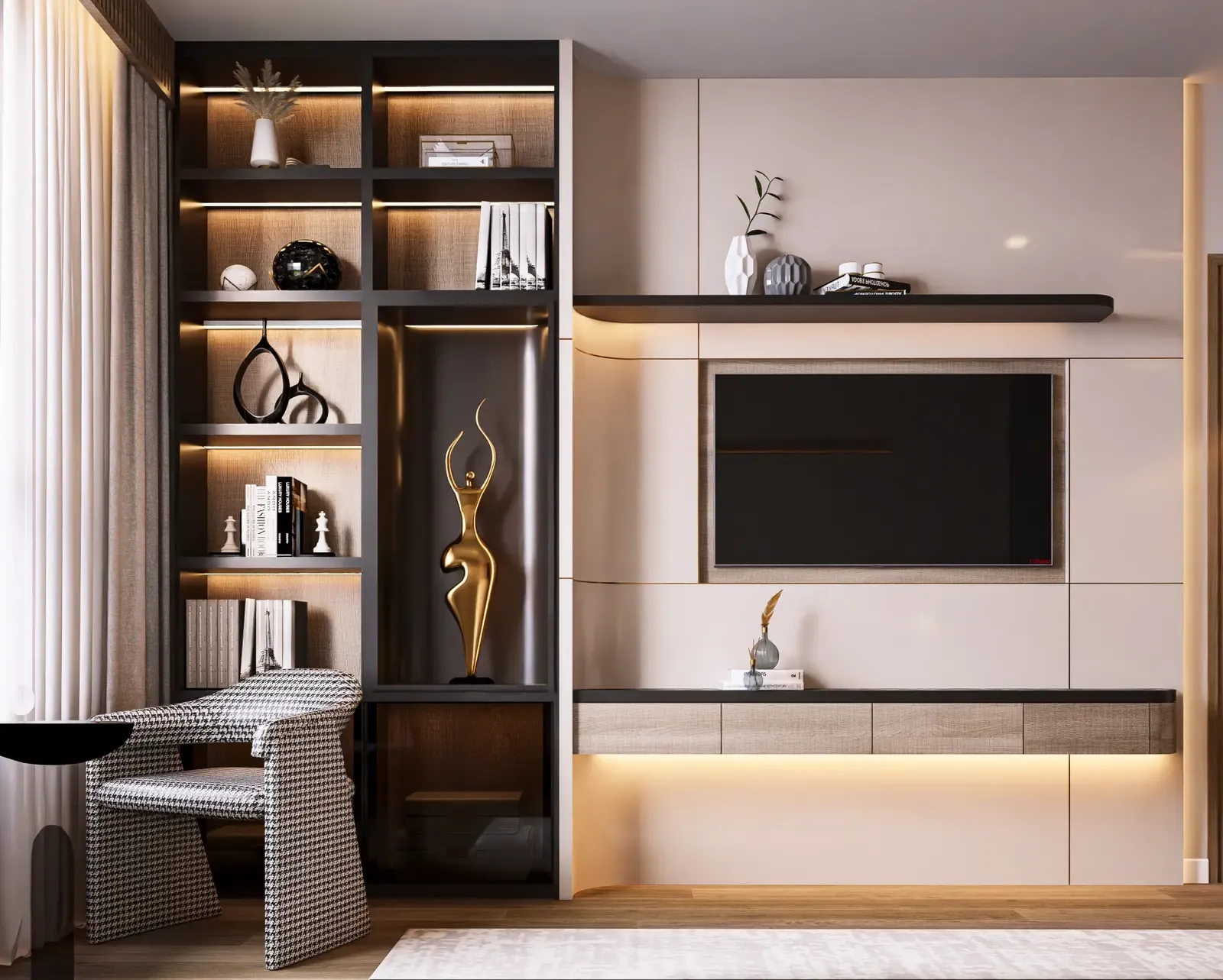 Phòng ngủ chính – vách TV – nhà mẫu căn B4 2 phòng ngủ 73 m² Bcons Central Park Tam Hiệp