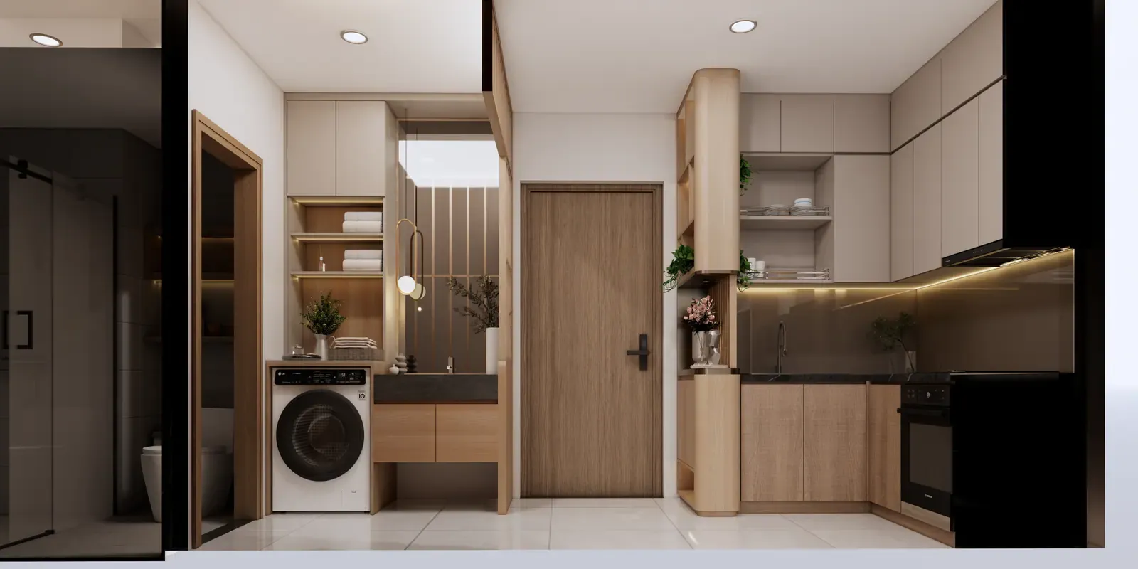 Bếp & khu giặt – nhà mẫu căn C1 2 phòng ngủ 52 m² Bcons Central Park Tam Hiệp