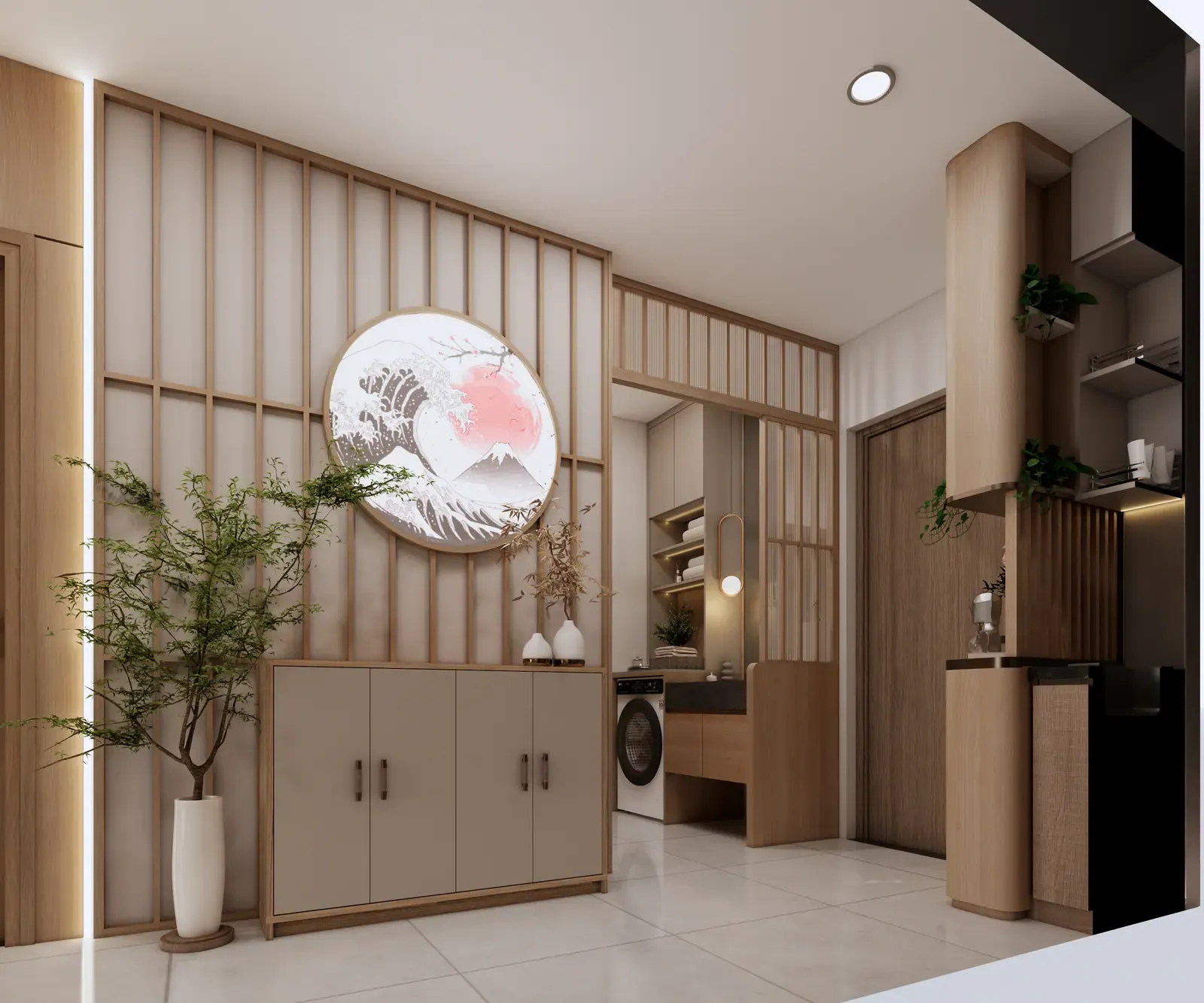 Lối vào & vách gỗ trang trí – nhà mẫu căn C1 2 phòng ngủ 52 m² Bcons Central Park Tam Hiệp