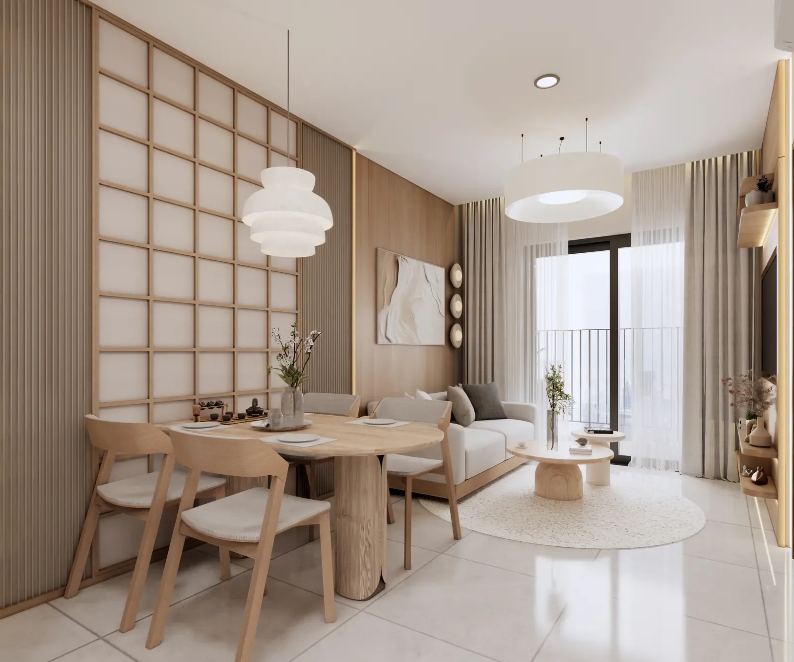 Phòng khách & bàn ăn – nhà mẫu căn C1 2 phòng ngủ 52 m² Bcons Central Park Tam Hiệp