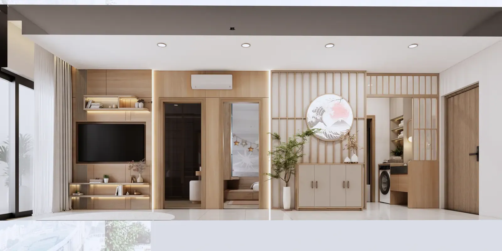 Phòng khách nhìn về lối vào – nhà mẫu căn C1 2 phòng ngủ 52 m² Bcons Central Park Tam Hiệp
