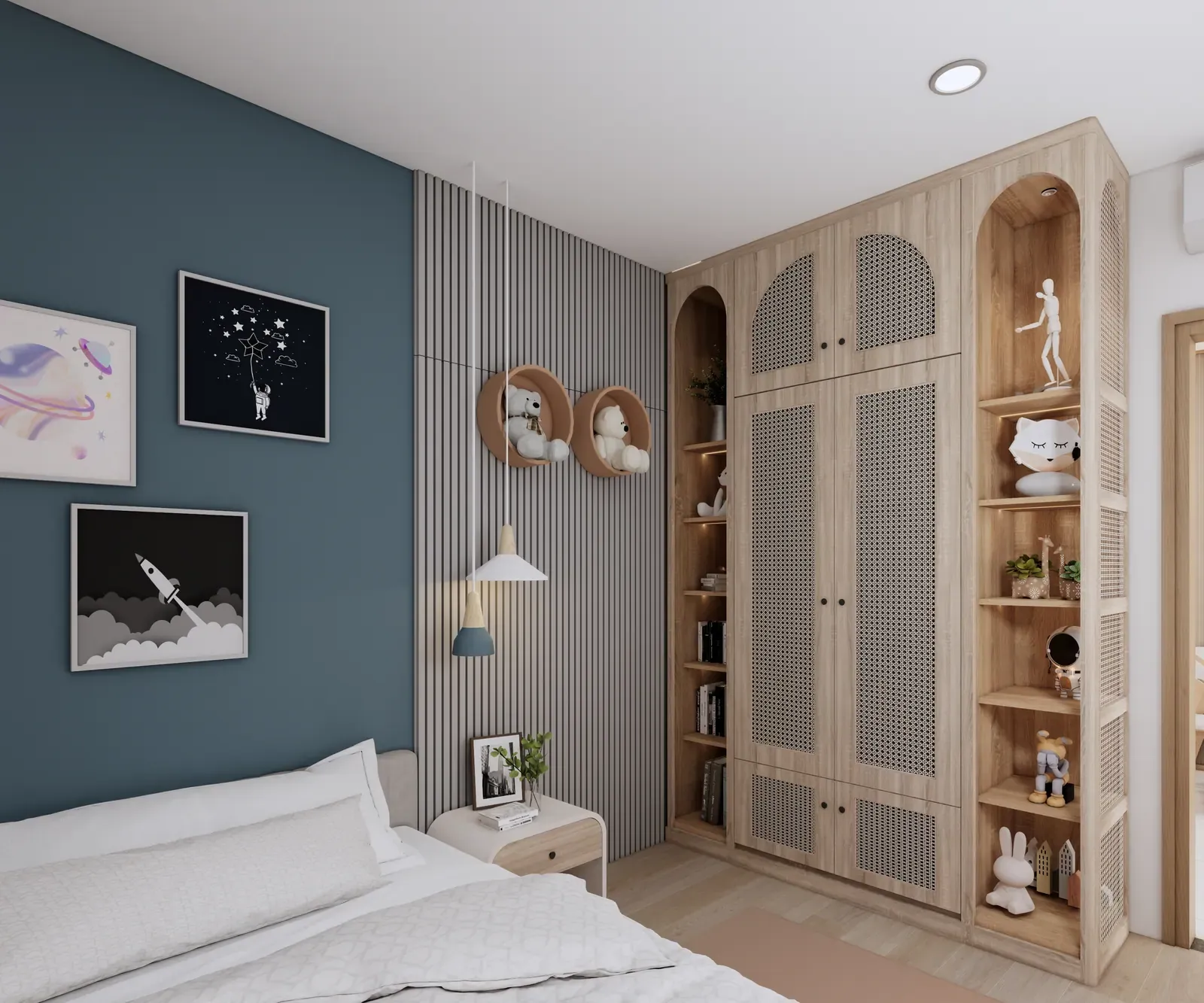 Phòng ngủ bé – tường xanh – nhà mẫu căn C1 2 phòng ngủ 52 m² Bcons Central Park Tam Hiệp