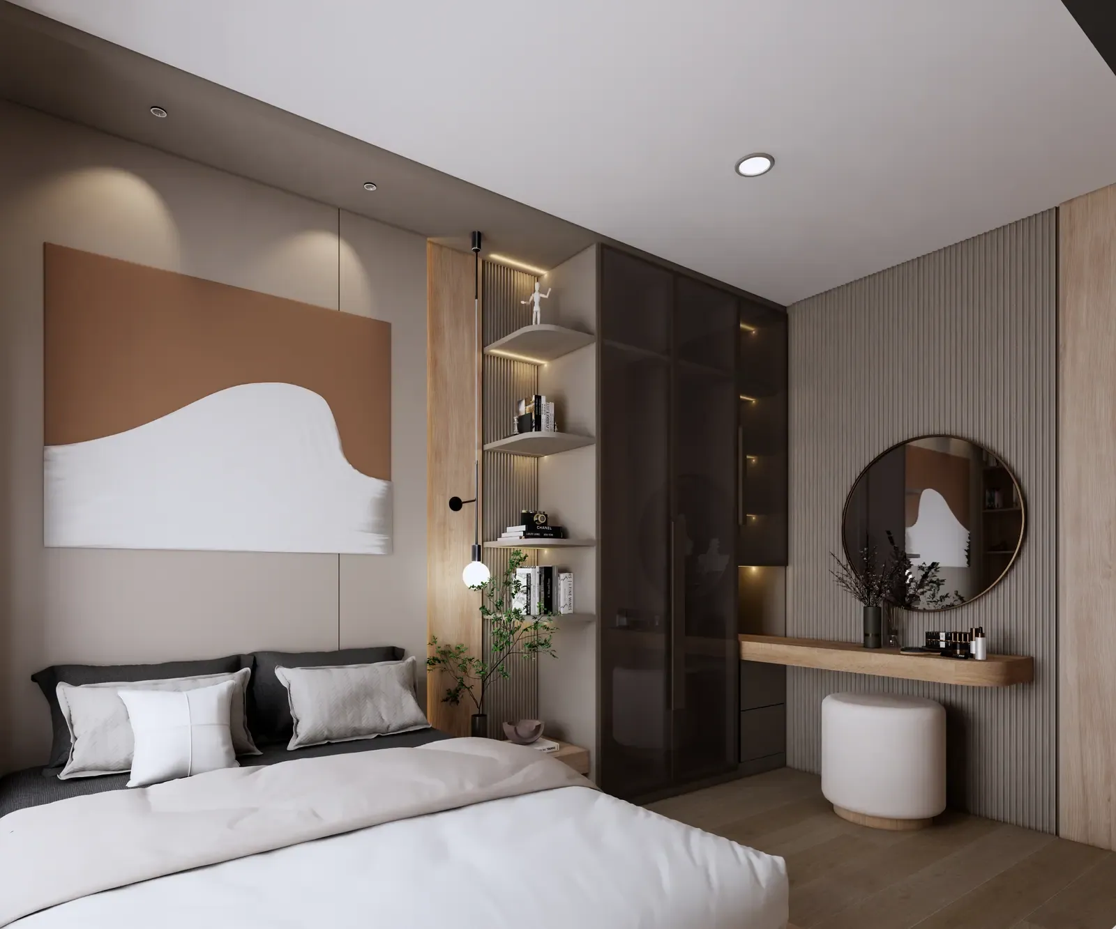 Phòng ngủ chính – tủ áo & gương – nhà mẫu căn C1 2 phòng ngủ 52 m² Bcons Central Park Tam Hiệp