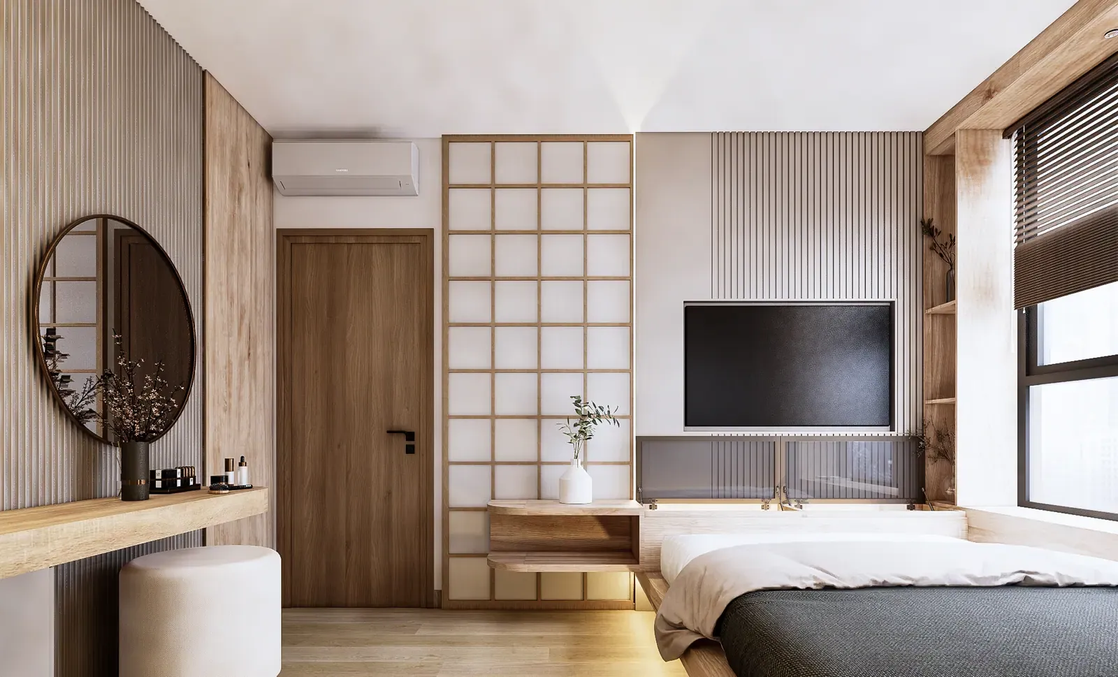 Phòng ngủ chính – bàn trang điểm – nhà mẫu căn C1 2 phòng ngủ 52 m² Bcons Central Park Tam Hiệp