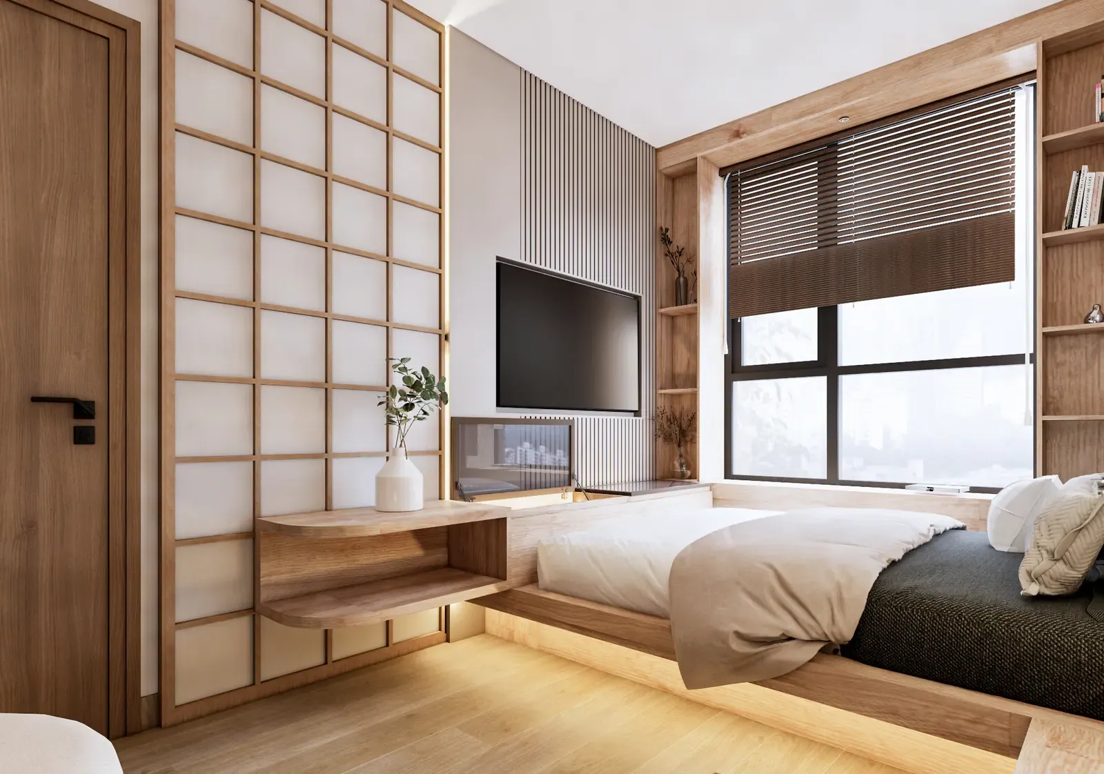 Phòng ngủ chính – vách shoji – nhà mẫu căn C1 2 phòng ngủ 52 m² Bcons Central Park Tam Hiệp