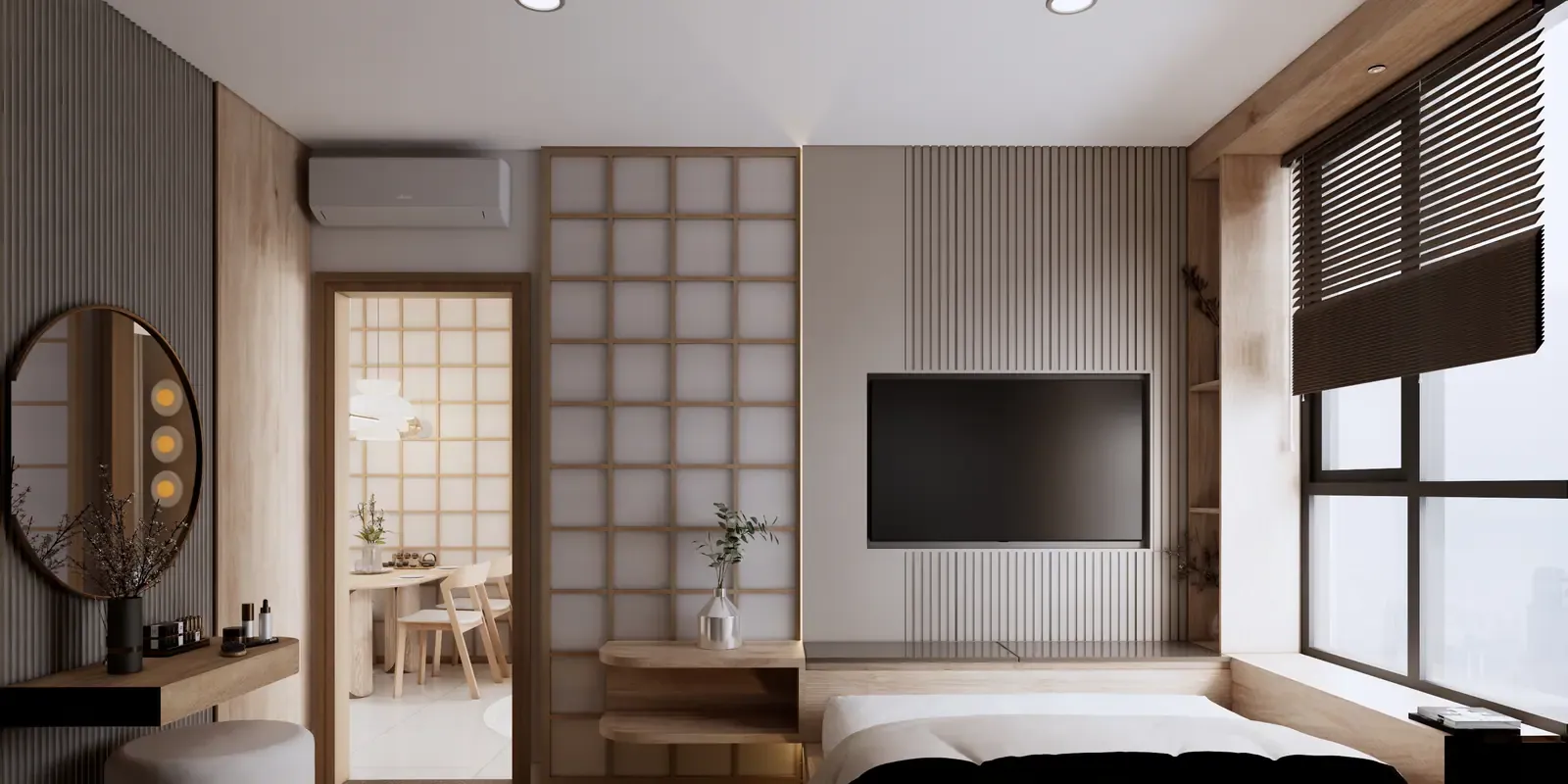Phòng ngủ nhìn ra bàn ăn – nhà mẫu căn C1 2 phòng ngủ 52 m² Bcons Central Park Tam Hiệp