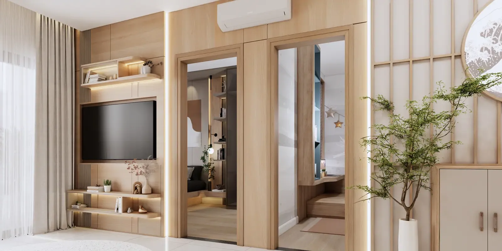 Phòng ngủ – vách TV – nhà mẫu căn C1 2 phòng ngủ 52 m² Bcons Central Park Tam Hiệp