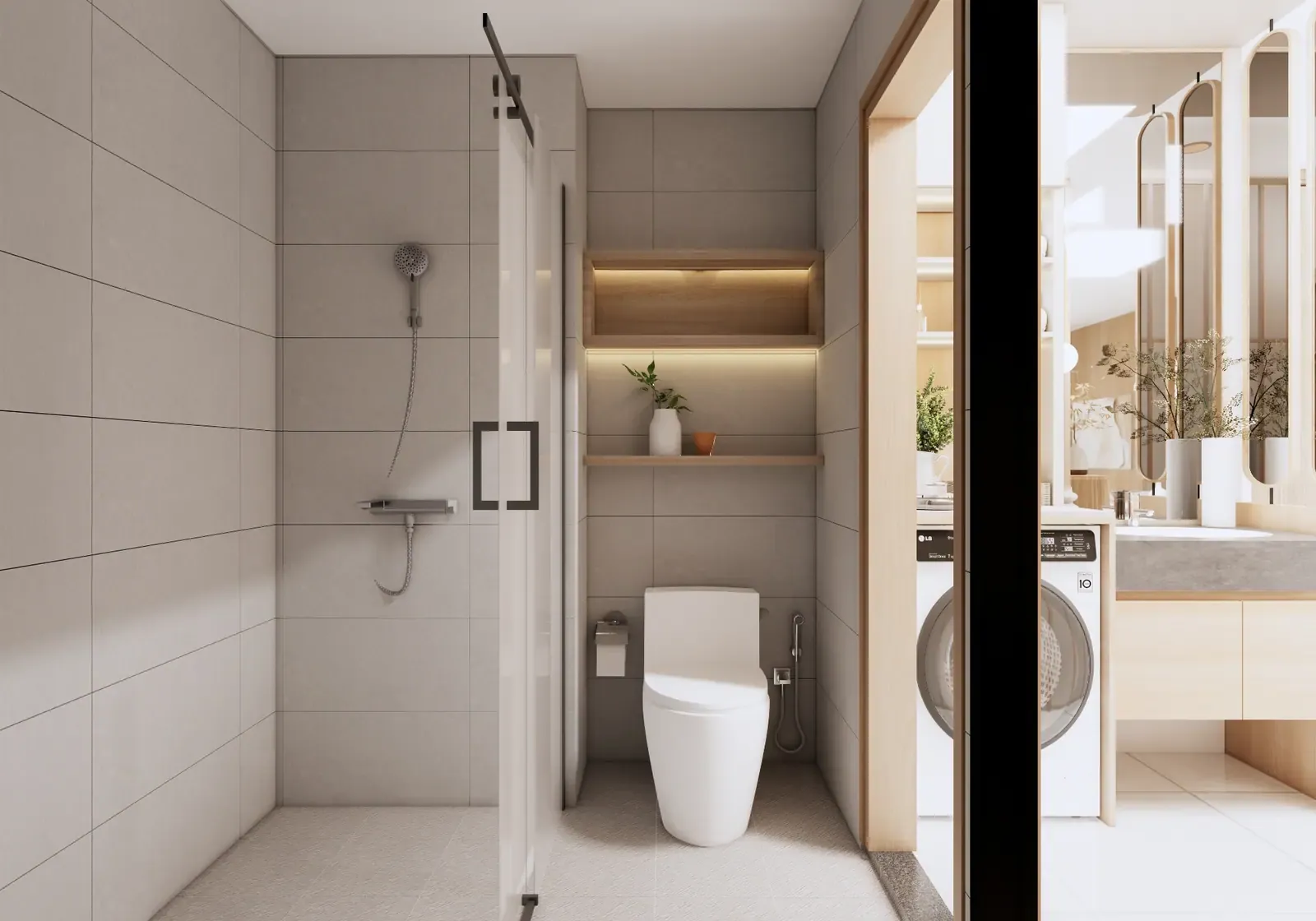 Phòng tắm & khu giặt – nhà mẫu căn C1 2 phòng ngủ 52 m² Bcons Central Park Tam Hiệp