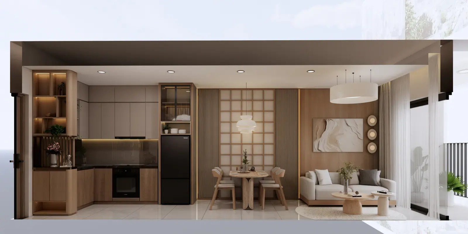Tổng thể bếp – bàn ăn – phòng khách – nhà mẫu căn C1 2 phòng ngủ 52 m² Bcons Central Park Tam Hiệp