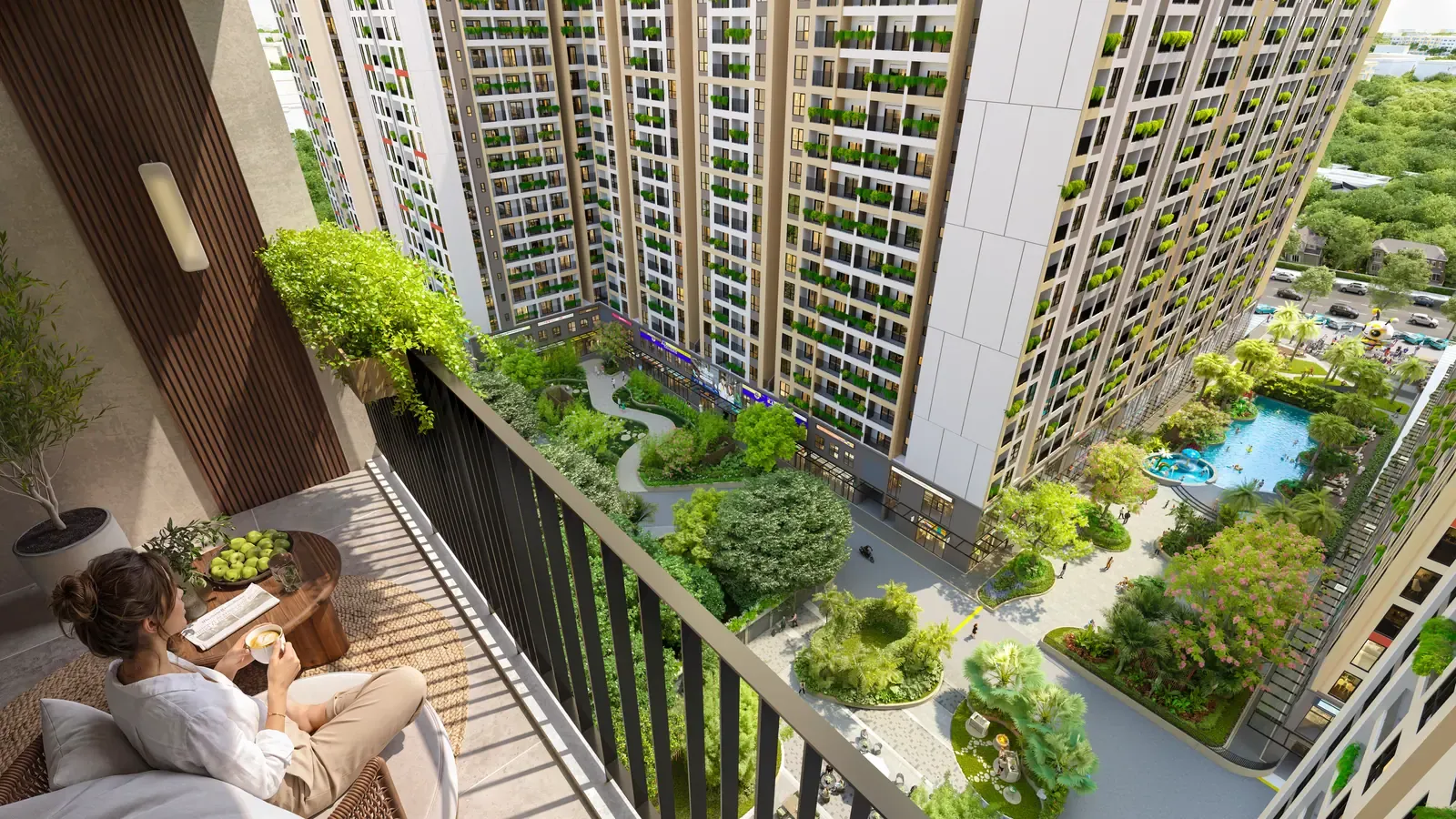 Tầm nhìn từ ban công căn hộ Bcons Central Park Tam Hiệp xuống công viên và hồ bơi nội khu