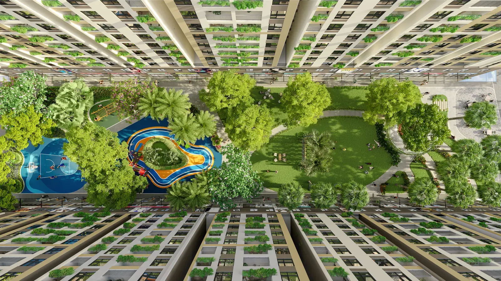 Trục công viên trung tâm Bcons Central Park Tam Hiệp nhìn thẳng từ trên xuống: bãi cỏ, đường dạo bộ và khu vui chơi trẻ em