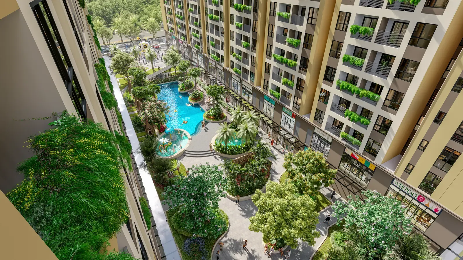 Hồ bơi Bcons Central Park Tam Hiệp nằm giữa hai block căn hộ, bao quanh là cây xanh và lối dạo bộ