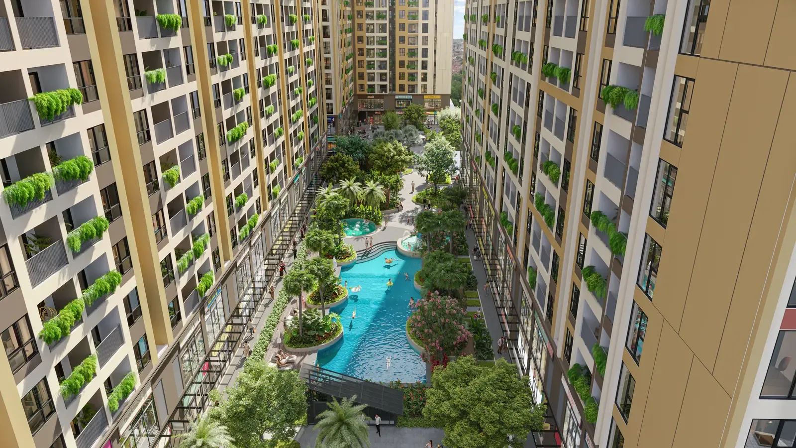 Hồ bơi Bcons Central Park Tam Hiệp nhìn từ tầng cao, uốn theo trục cảnh quan giữa các block căn hộ