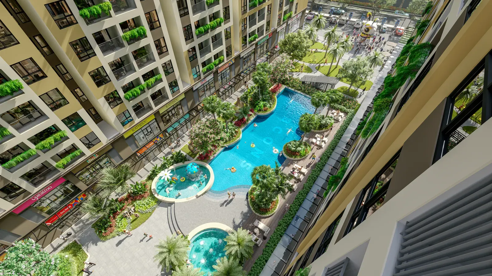 Hồ bơi và vườn cảnh quan nội khu Bcons Central Park Tam Hiệp nhìn từ hành lang tầng cao