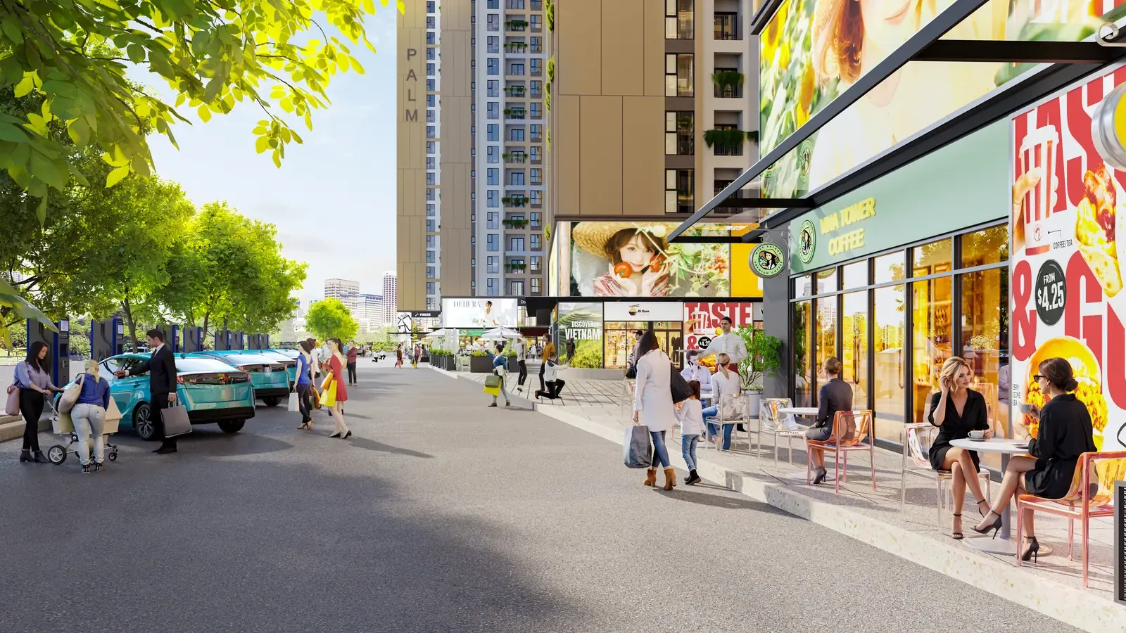 Phố shophouse nội khu Bcons Central Park Tam Hiệp với cửa hàng, quán cà phê và lối đi bộ rợp cây